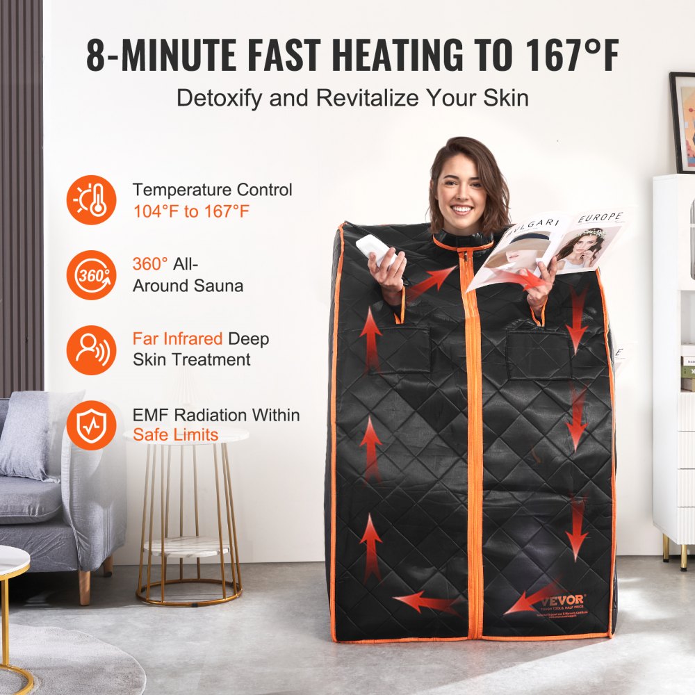 VEVOR Sauna Blanket for Detoxification, 1050W Portable Far Infrared Sauna Tent for Home, 104- 167?, 1-60 Minutes Timer , Personal Sauna Box for Home Spa Indoor Black 27.56 x 31.5 x 38.58 inch