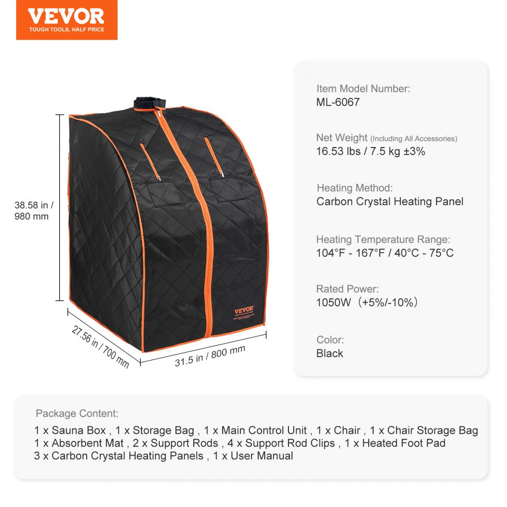 VEVOR Sauna Blanket for Detoxification, 1050W Portable Far Infrared Sauna Tent for Home, 104- 167?, 1-60 Minutes Timer , Personal Sauna Box for Home Spa Indoor Black 27.56 x 31.5 x 38.58 inch