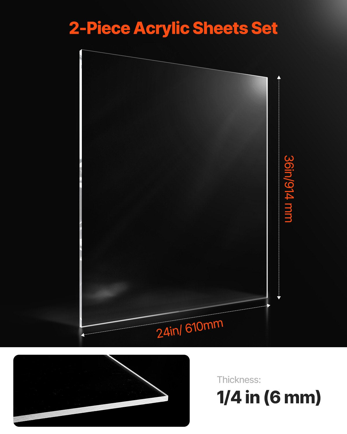 VEVOR 2-Pack Plexiglass Acrylic Sheets 24 x 36 Inch Plastic Sheets 1/4 In Thick