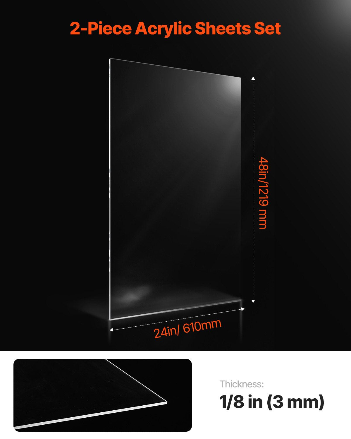 VEVOR 2-Pack Plexiglass Acrylic Sheets 24 x 48 In Plastic Sheets 1/8 In Thick