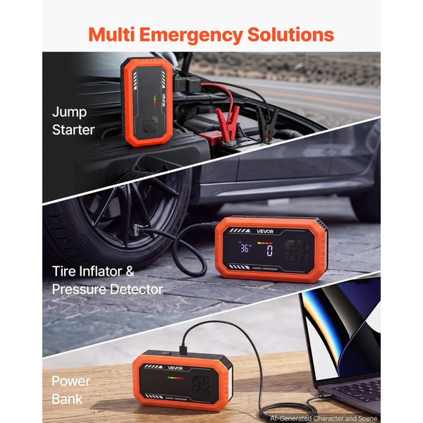 3000A Portable Car Jump Starter with 150 PSI Air Compressor, 10000mAh Power Bank & LED Flashlight