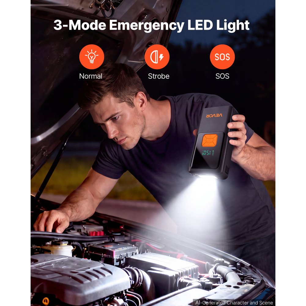 4000A Portable Car Jump Starter with 150 PSI Air Compressor, 12000mAh Power Bank & LED Flashlight