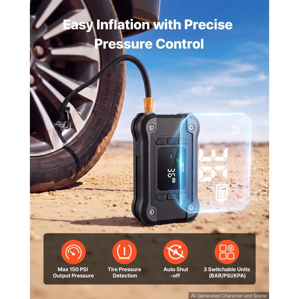8000A Portable Car Jump Starter with 150 PSI Air Compressor, 16000mAh Power Bank & LED Flashlight
