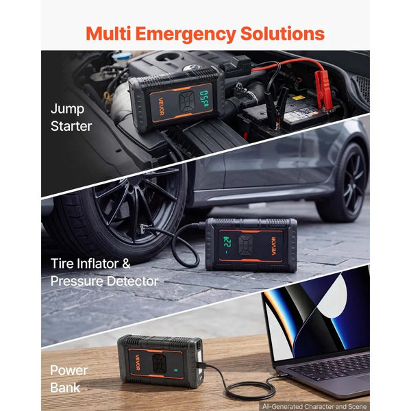1600A Portable Car Jump Starter with 150 PSI Air Compressor, Power Bank & LED Flashlight