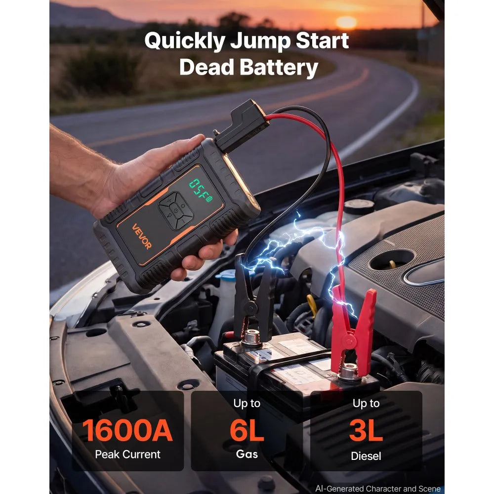 1600A Portable Car Jump Starter with 150 PSI Air Compressor, Power Bank & LED Flashlight