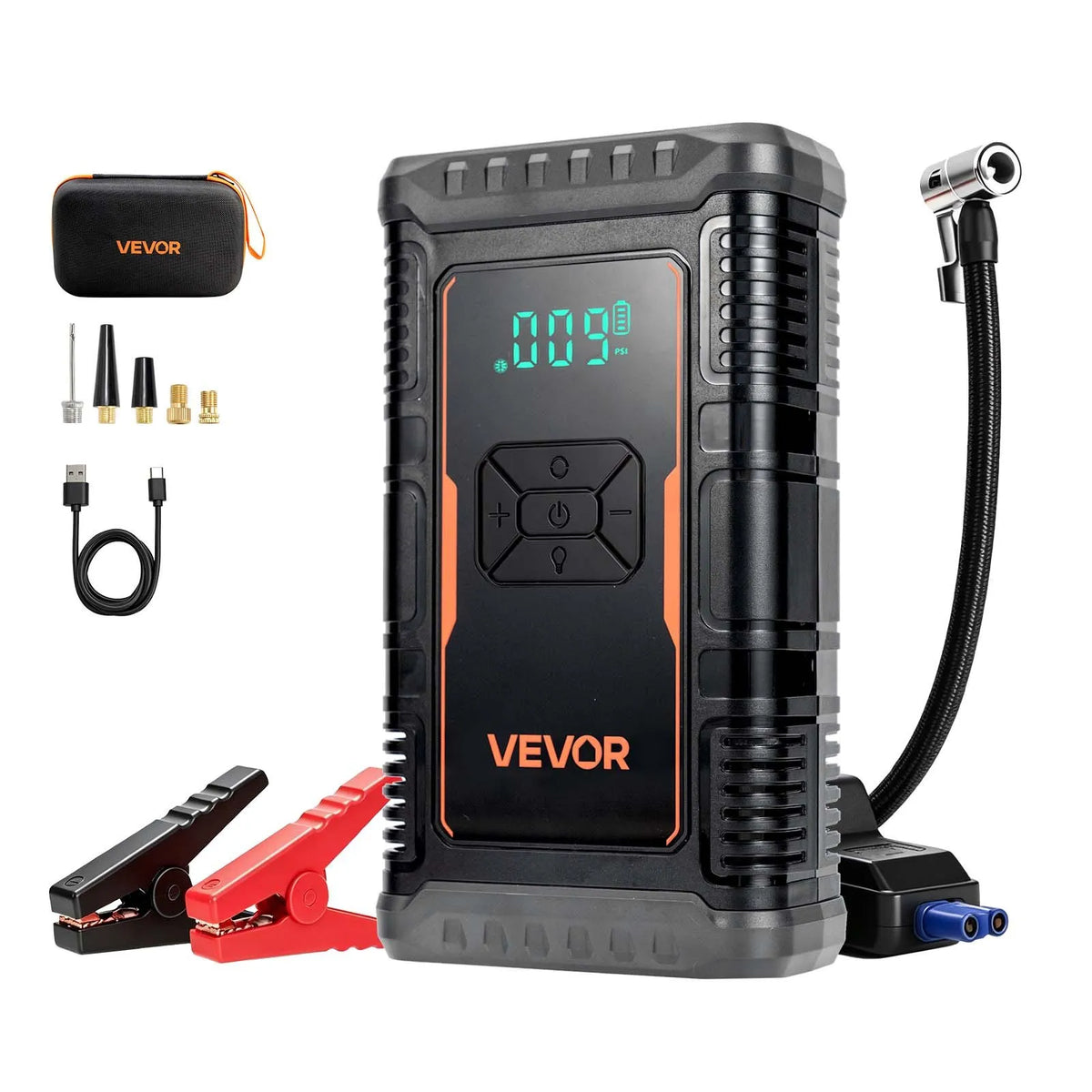 1600A Portable Car Jump Starter with 150 PSI Air Compressor, Power Bank & LED Flashlight