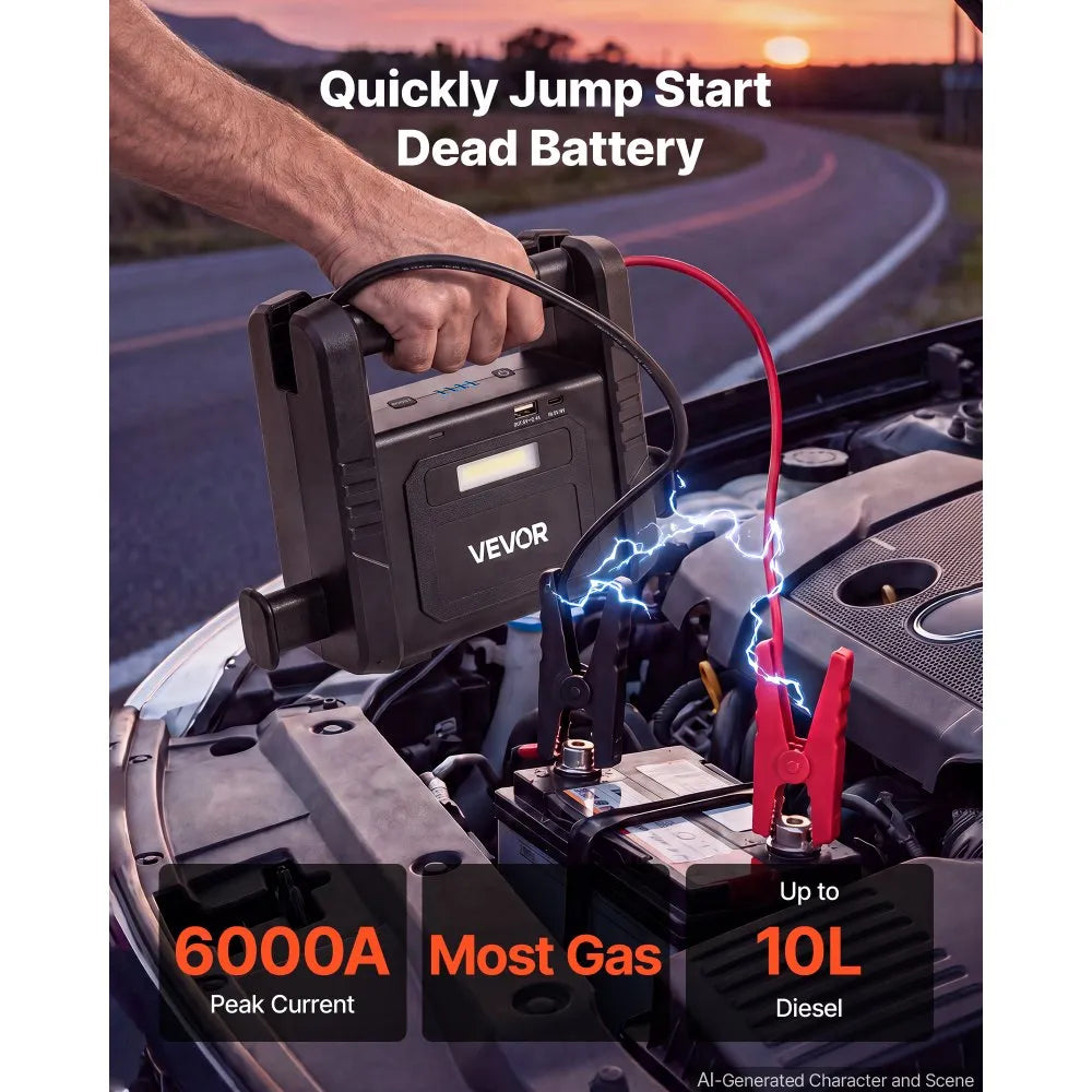 6000A Portable Car Jump Starter, 24000mAh Battery Booster with USB Power Bank & 3-Mode LED Flashlight