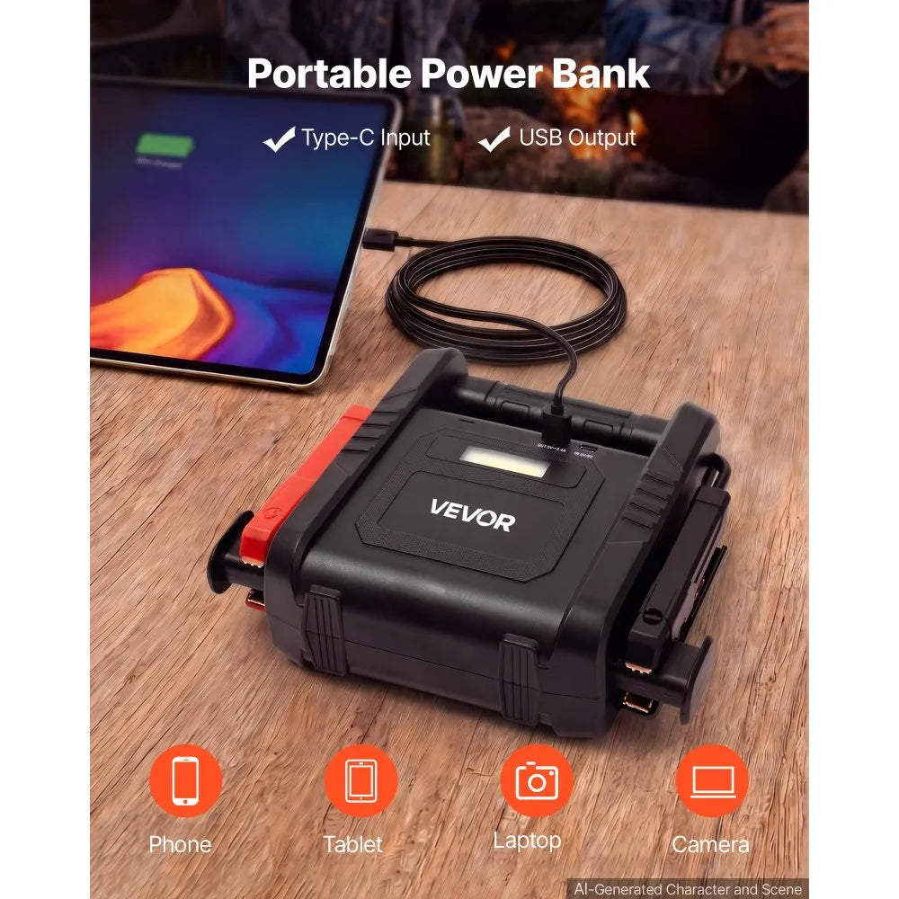 6000A Portable Car Jump Starter, 24000mAh Battery Booster with USB Power Bank & 3-Mode LED Flashlight
