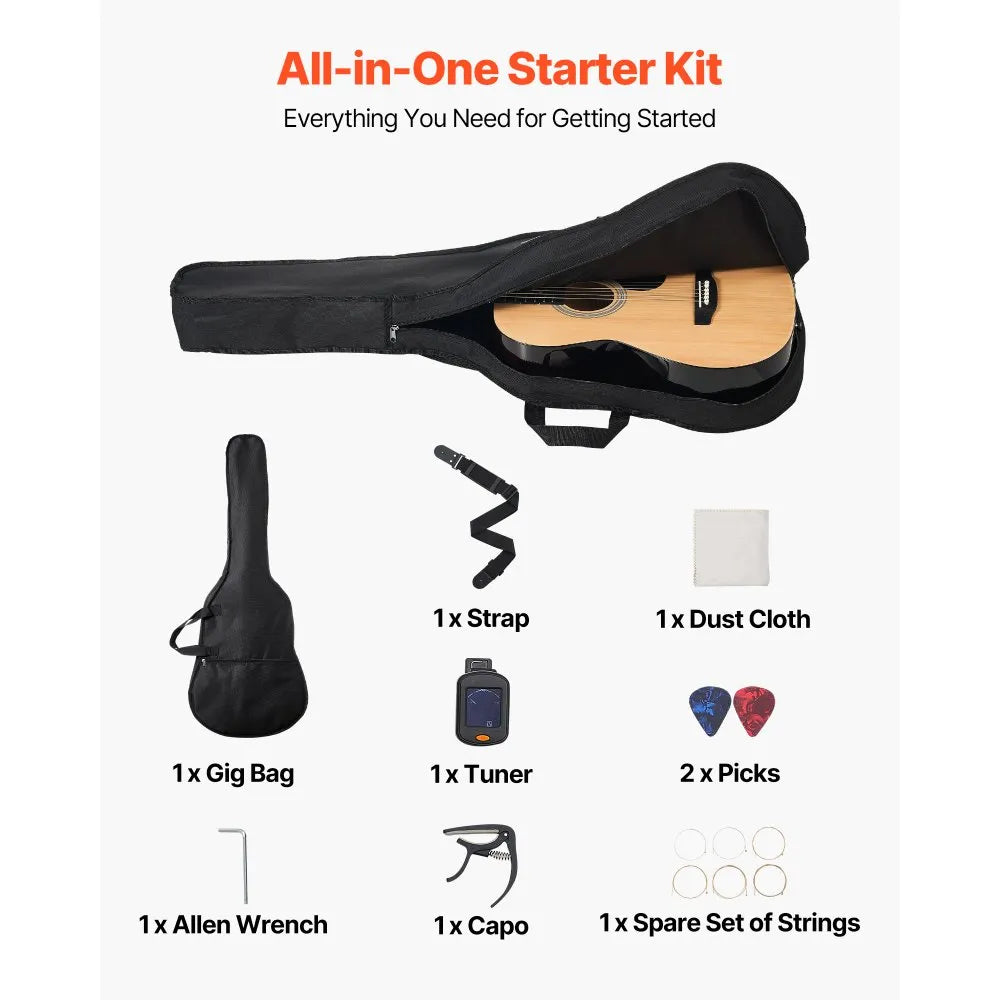 VEVOR Dreadnought Acoustic Guitar, 39 in, 6-String Natural Solid Spruce Top Guitar, Portable Bundle with Gig Bag, Tuner, Strap, Steel Strings, Picks, Capo, Rosewood Fingerboard, for Beginner Adults