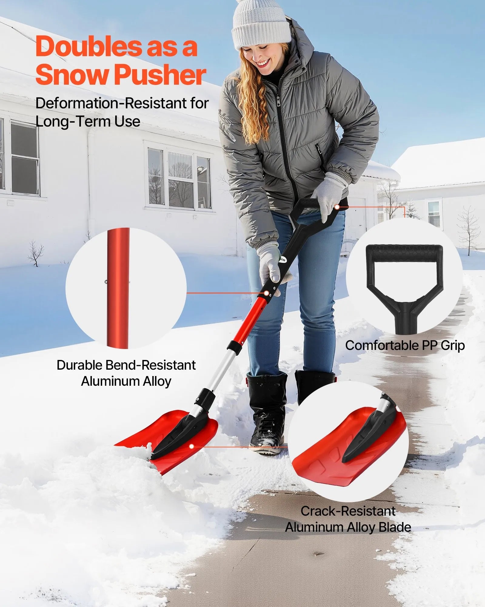 VEVOR Snow Shovel for Driveway, 9 in Foldable Snow Shovel with D-shaped Handle, , 36-40 in Adjustable, Lightweight Aluminum Alloy Snows Removal Tool, Reduce Back Strains for Garden Car Camping