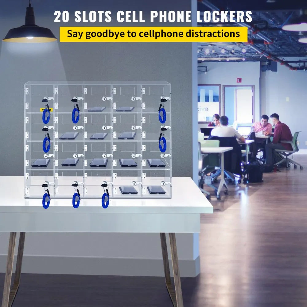 20-Slot Locking Cell Phone Storage Locker, Wall-Mount or Freestanding Acrylic Cabinet with Keys
