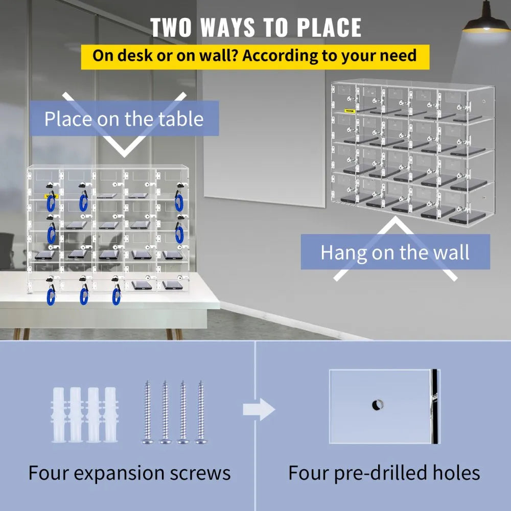 20-Slot Locking Cell Phone Storage Locker, Wall-Mount or Freestanding Acrylic Cabinet with Keys