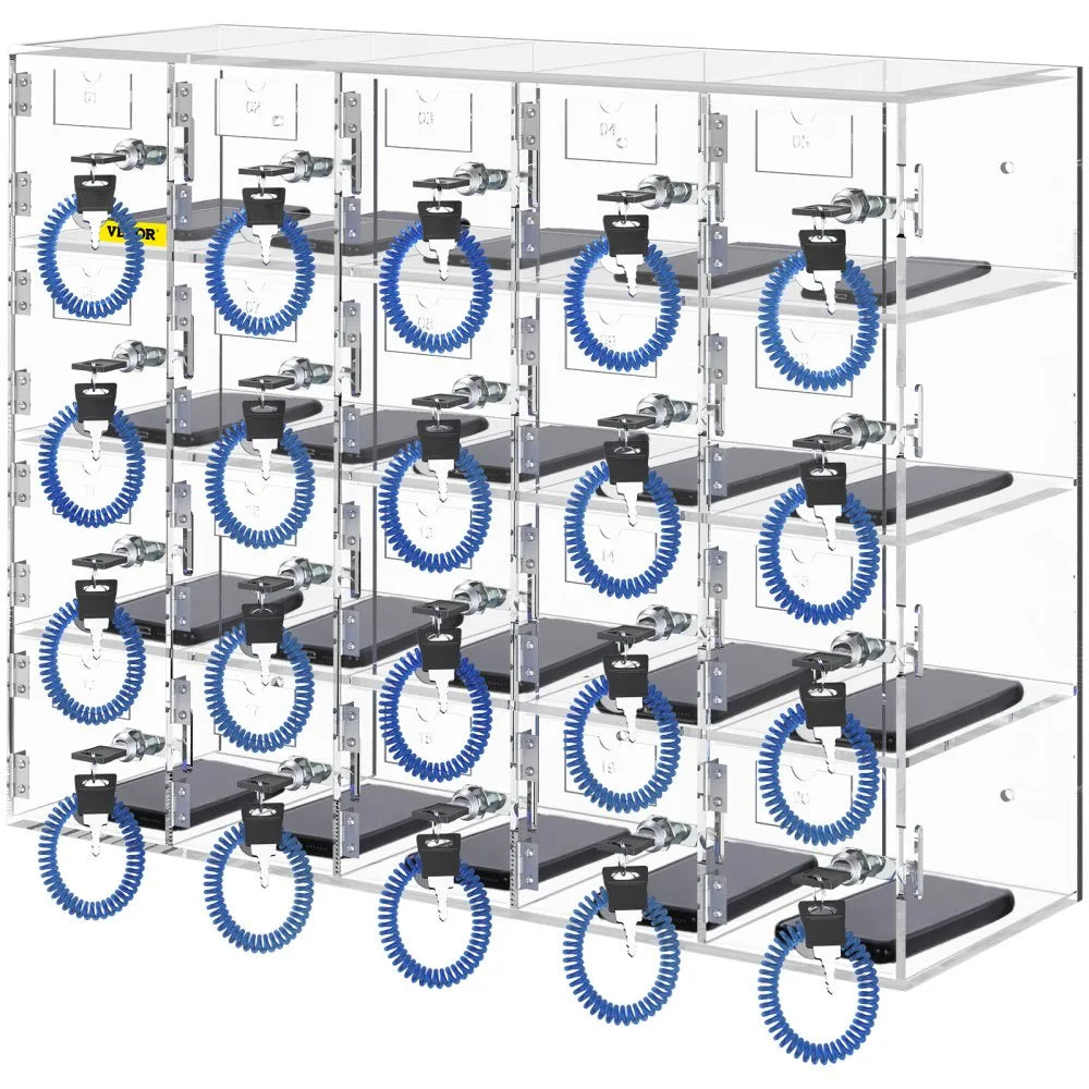 20-Slot Locking Cell Phone Storage Locker, Wall-Mount or Freestanding Acrylic Cabinet with Keys