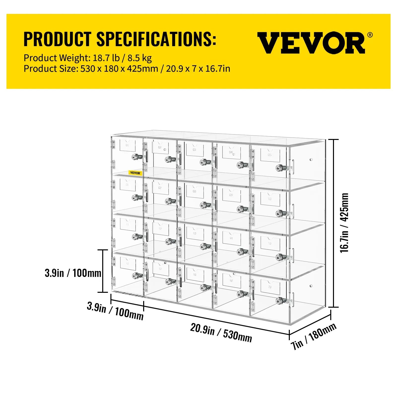 20-Slot Locking Cell Phone Storage Locker, Wall-Mount or Freestanding Acrylic Cabinet with Keys
