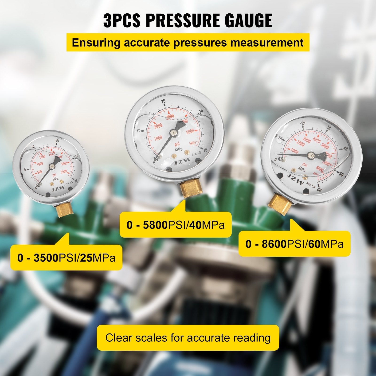 VEVOR Hydraulic Pressure Test Kit 25/40/60MPa, Hydraulic Test Gauge Kit with 6 Couplings, Hydraulic Gauge Kit Made of 304 Stainless Steel, for Excavator Construction Machinery, Green