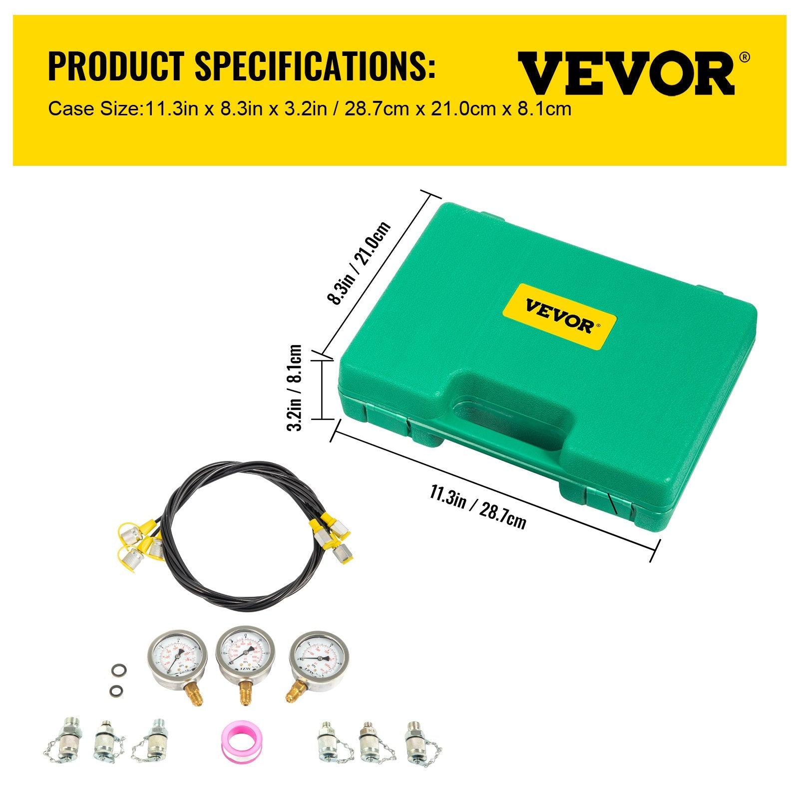 VEVOR Hydraulic Pressure Test Kit 25/40/60MPa, Hydraulic Test Gauge Kit with 6 Couplings, Hydraulic Gauge Kit Made of 304 Stainless Steel, for Excavator Construction Machinery, Green