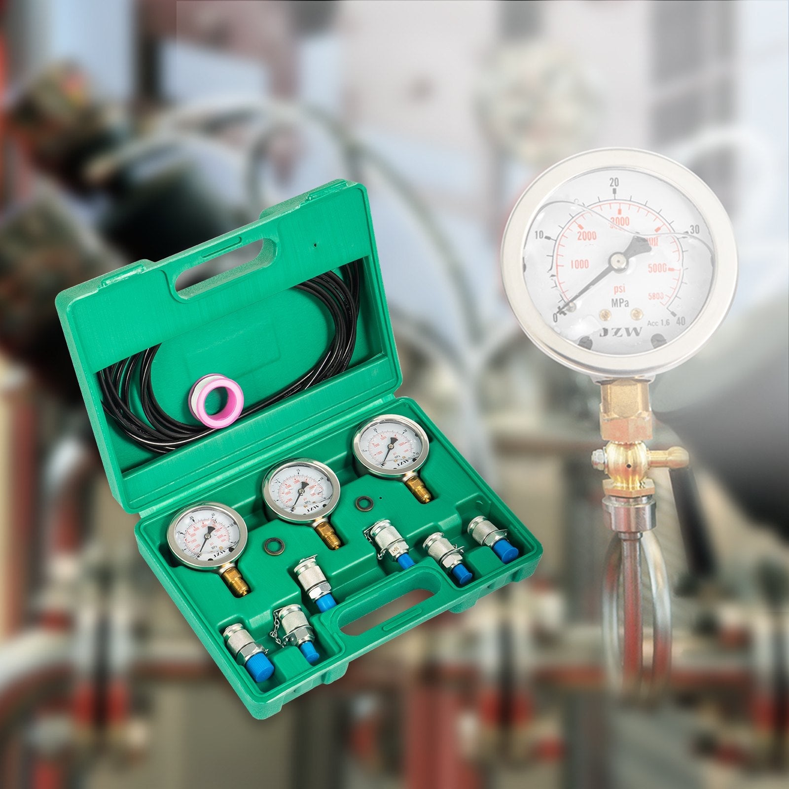 VEVOR Hydraulic Pressure Test Kit 25/40/60MPa, Hydraulic Test Gauge Kit with 6 Couplings, Hydraulic Gauge Kit Made of 304 Stainless Steel, for Excavator Construction Machinery, Green