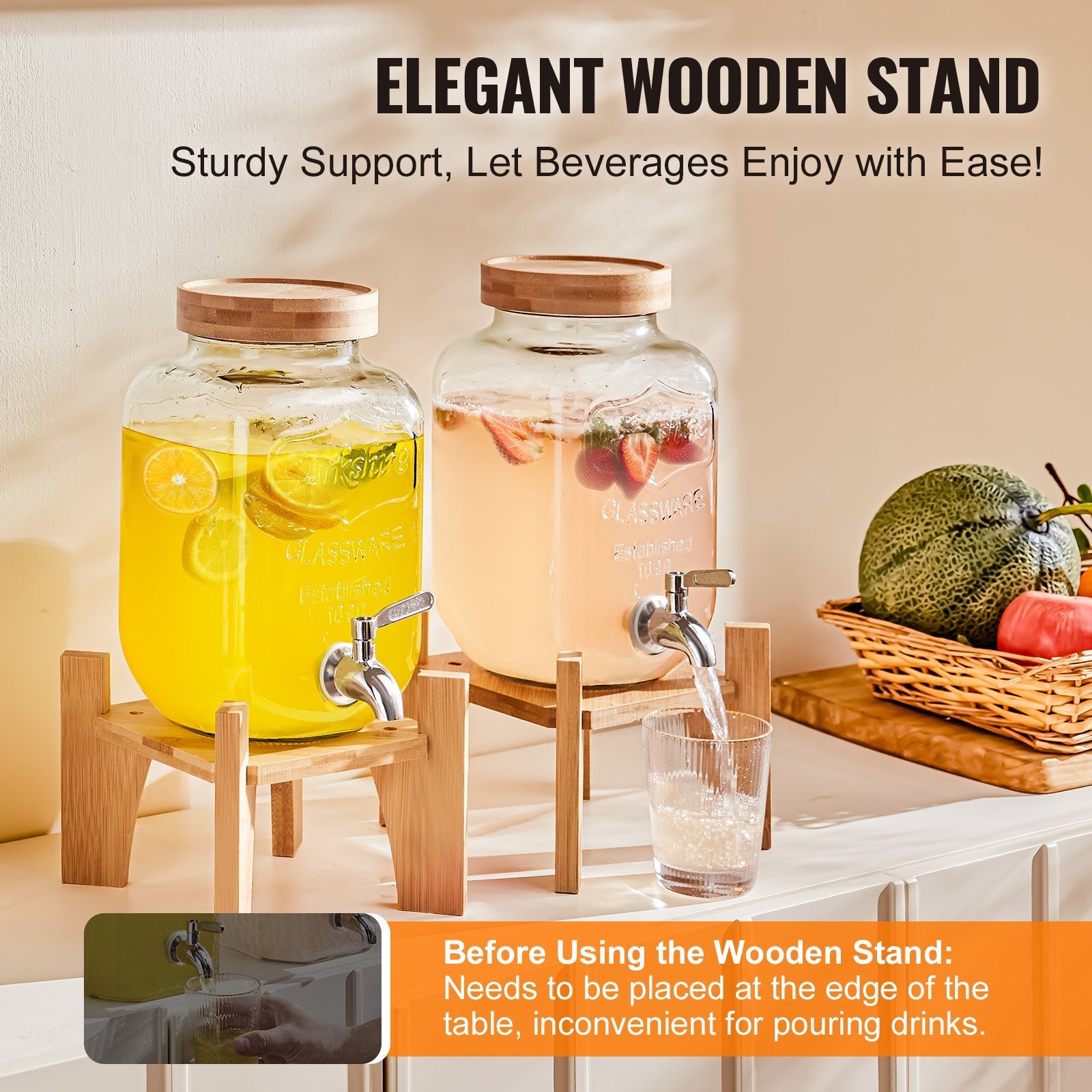 VEVOR Beverage Dispenser, 1 Gallon Drink Dispensers for Parties, Glass Juice Dispenser with Stand, Stainless Steel Spigot, Iced Tea Lemonade Juice Water Dispenser, for Restaurants, Hotels, Parties