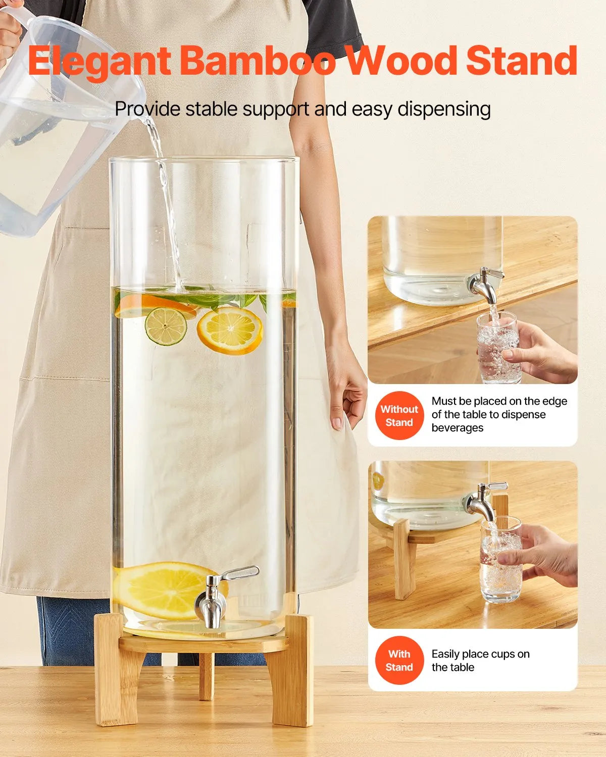 VEVOR Beverage Dispenser, 3.5 Gallon Drink Dispensers for Parties, Glass Juice Dispenser with Wood Stand, Stainless Steel Spigot, Iced Tea Lemonade Juice Water Dispensers for Parties