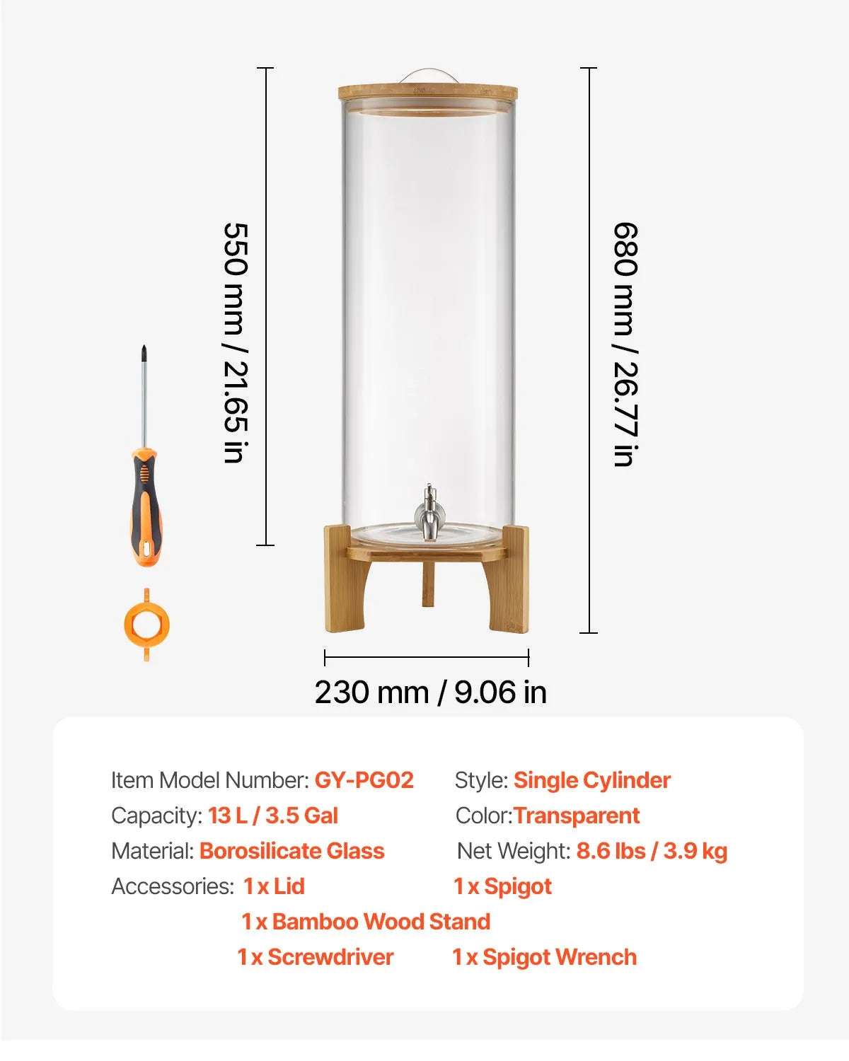 VEVOR Beverage Dispenser, 3.5 Gallon Drink Dispensers for Parties, Glass Juice Dispenser with Wood Stand, Stainless Steel Spigot, Iced Tea Lemonade Juice Water Dispensers for Parties