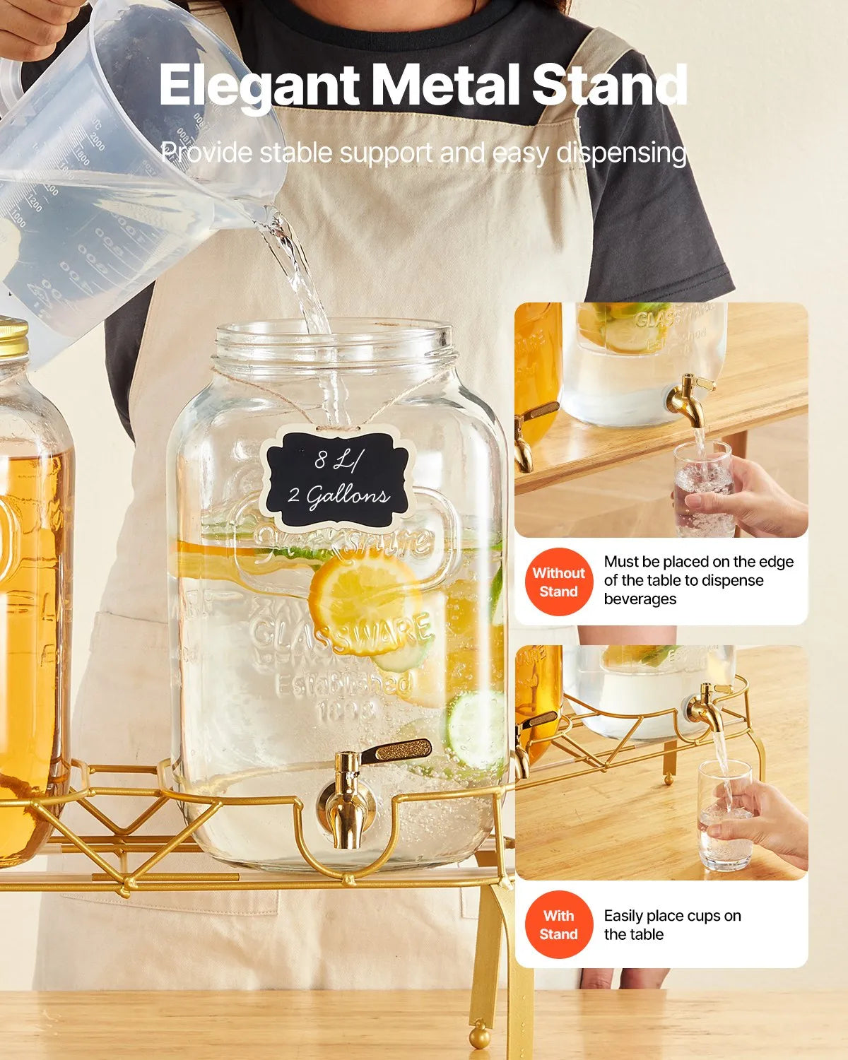 VEVOR Beverage Dispenser, 2 Pack 2 Gallon Drink Dispensers for Parties, Glass Juice Dispenser with Metal Stand, Stainless Steel Spigot, Infuser, Iced Tea Lemonade Juice Water Dispensers for Parties