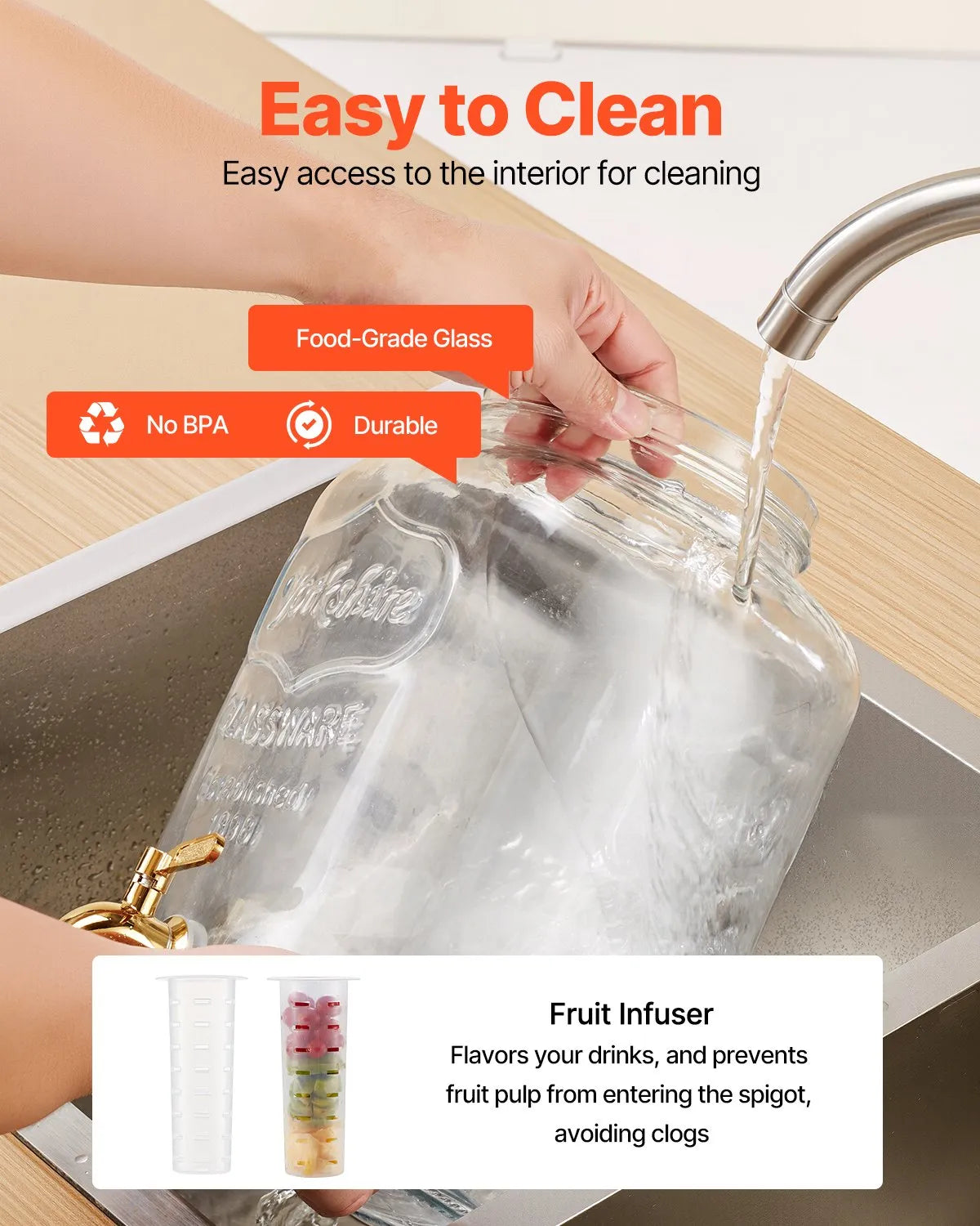 VEVOR Beverage Dispenser, 2 Pack 2 Gallon Drink Dispensers for Parties, Glass Juice Dispenser with Metal Stand, Stainless Steel Spigot, Infuser, Iced Tea Lemonade Juice Water Dispensers for Parties