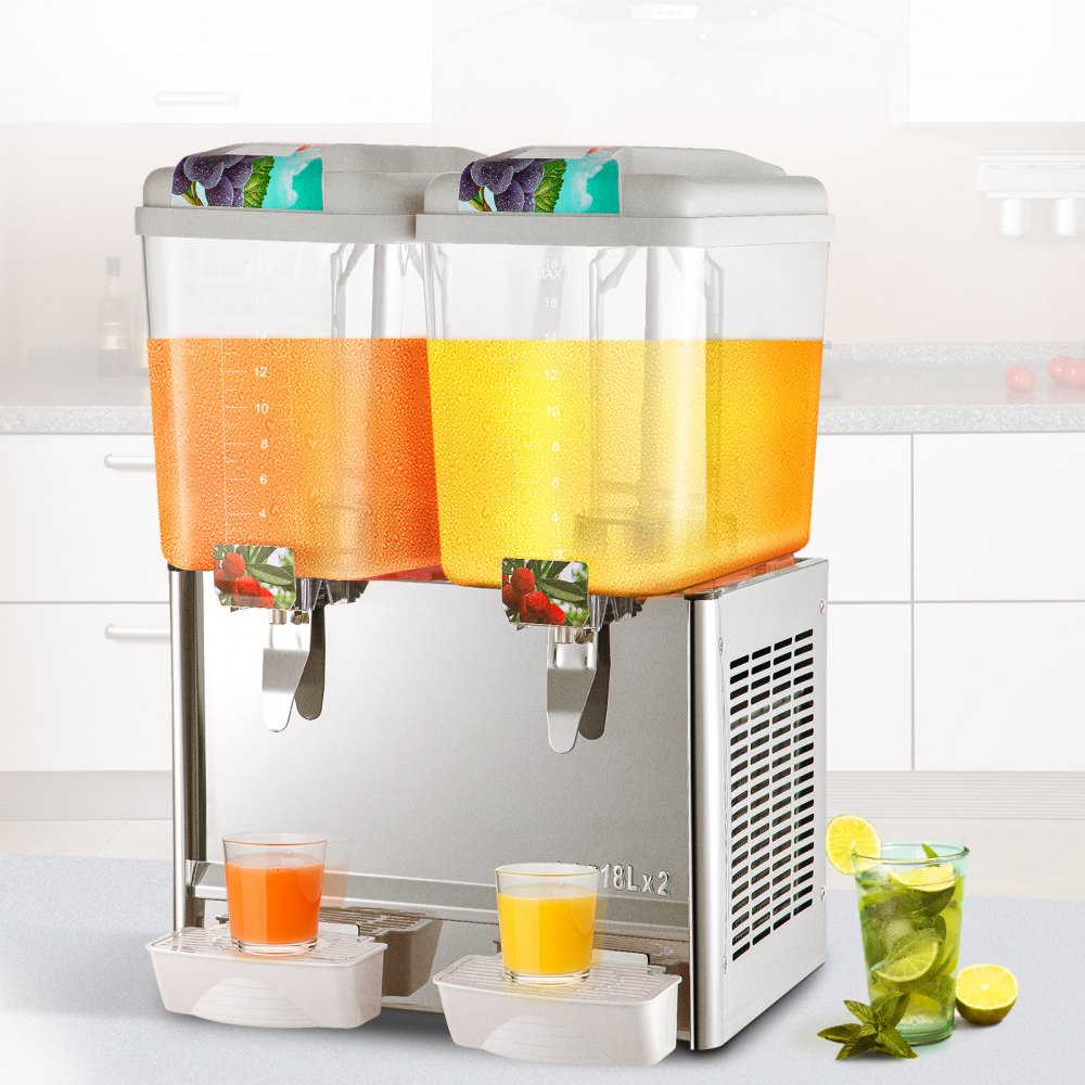 VEVOR 110V Commercial Beverage Dispenser,9.5 Gallon 36L 2 Tanks Juice Dispenser Commercial,18 Liter Per Tank 300W Stainless Steel Food Grade Material Ice Tea Drink Dispenser Equipped with Thermostat C