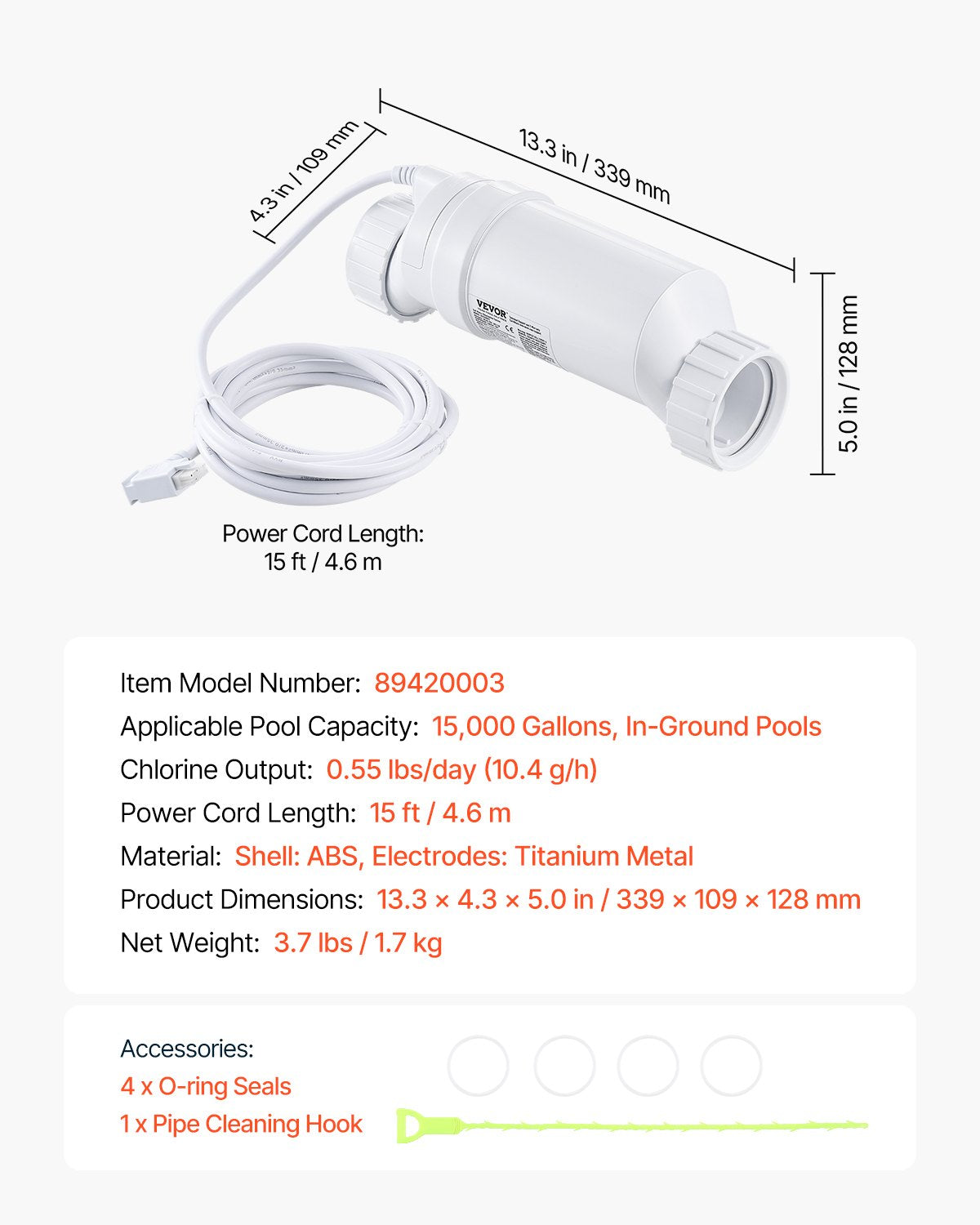 VEVOR Salt Water Chlorinator System W3T-Cell-3 for In-Ground Pool 15000 Gallons