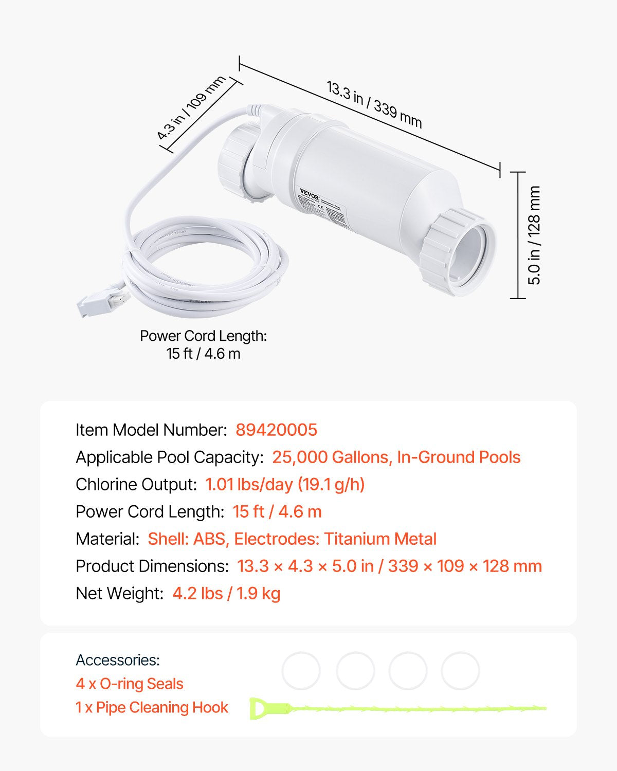 VEVOR Salt Water Chlorinator System W3T-Cell-9 for In-Ground Pool 25000 Gallons