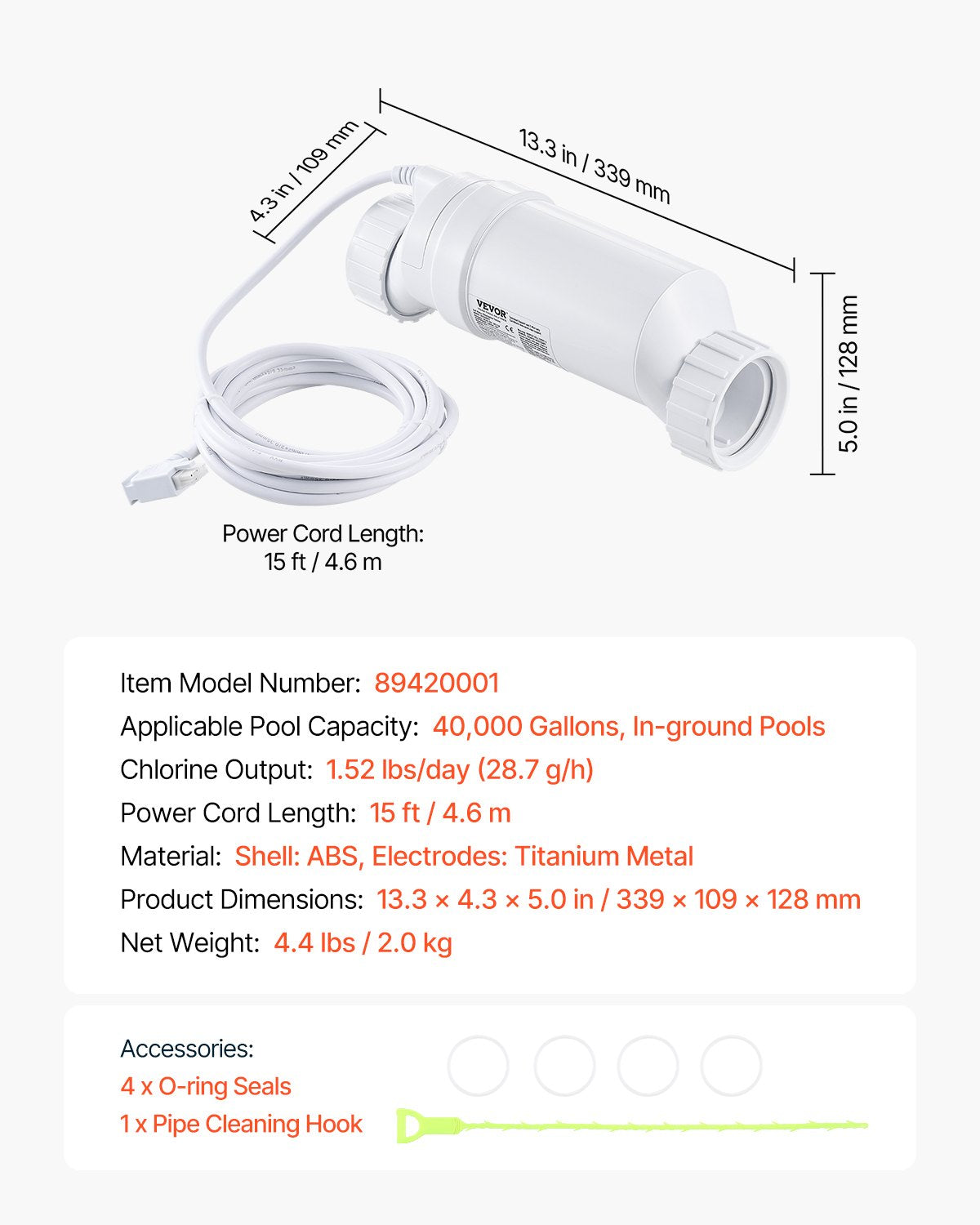 VEVOR Salt Water Chlorinator System W3T-Cell-15 for In-Ground Pool 40000 Gallons