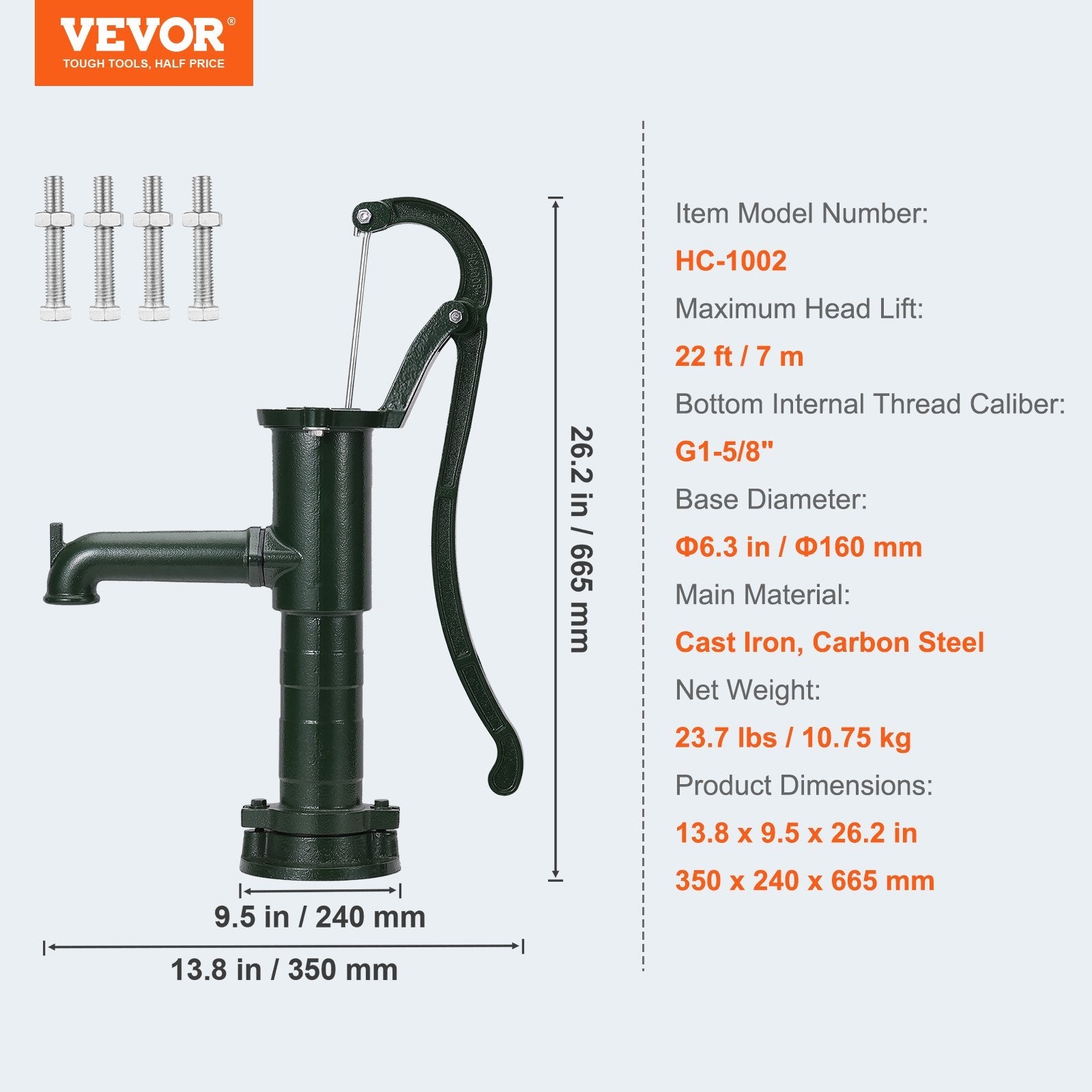 VEVOR Antique Well Hand Pitcher Pump, 22 ft Maximum Lift, Cast Iron Manual Hand Water Pump with Ergonomic Handle G1-5/8" Easy Installation, Old Fashioned for Outdoor Home Yard Garden Pond Farm, Green