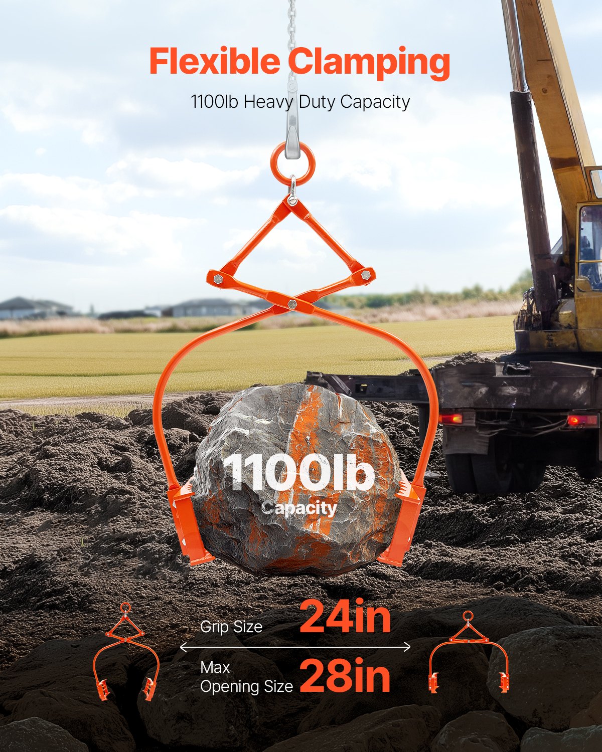 VEVOR 24in Stone Lifting Tongs 2 Claw Steel Rock Tongs Swivel Log Grapple