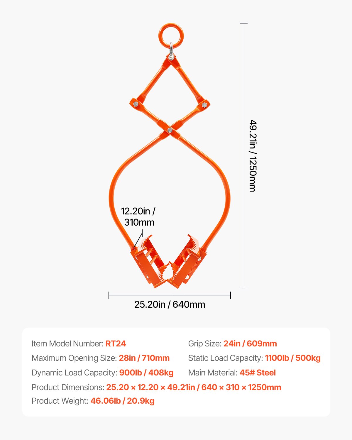 VEVOR 24in Stone Lifting Tongs 2 Claw Steel Rock Tongs Swivel Log Grapple