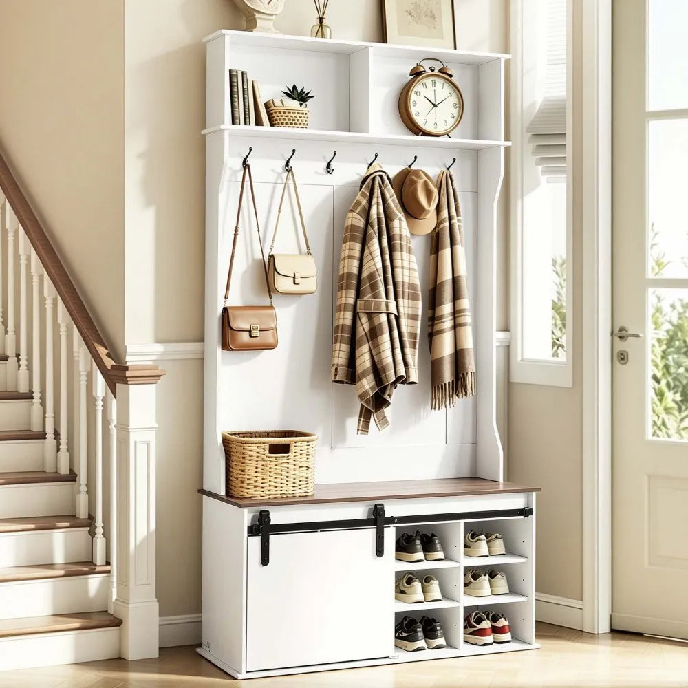 42" White Hall Tree with Bench, Shoe Storage Cabinet, Adjustable Shelves, Coat Rack & LED Light Strip