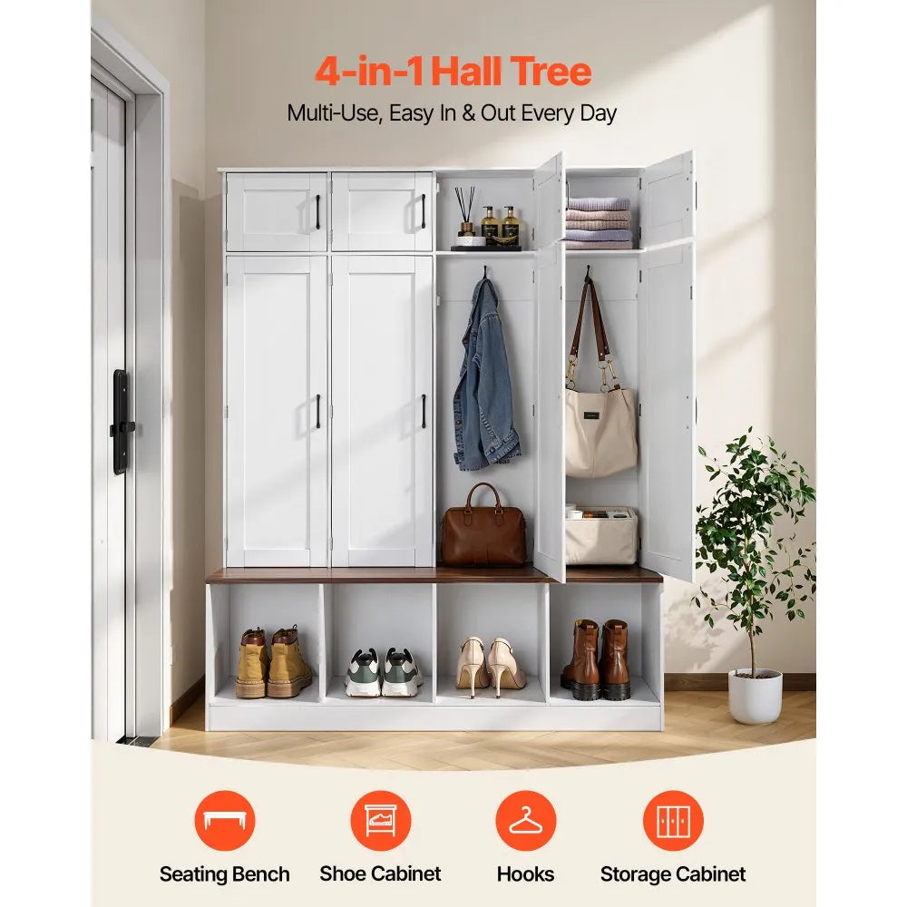 VEVOR 59" Hall Tree with Bench and Shoe Storage Cabinet, 4-in-1 Entryway Organizer with Coat Rack & Hooks, White