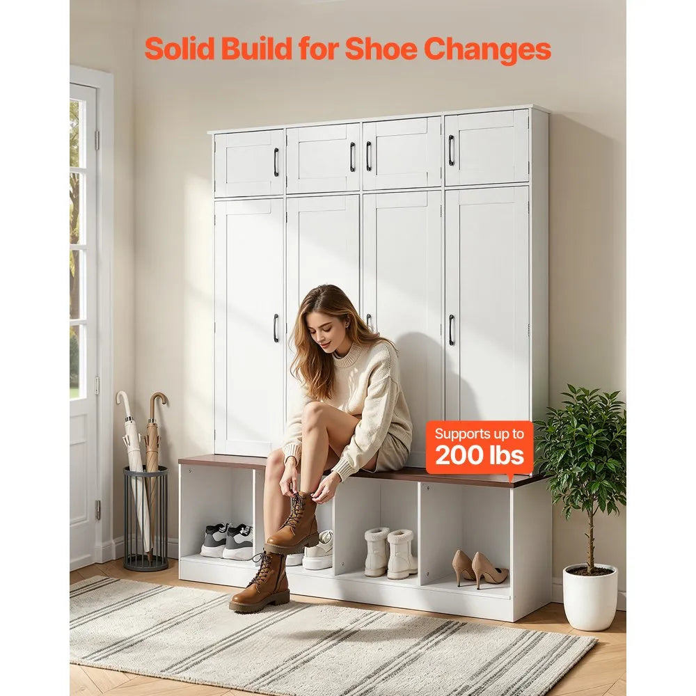 VEVOR 59" Hall Tree with Bench and Shoe Storage Cabinet, 4-in-1 Entryway Organizer with Coat Rack & Hooks, White