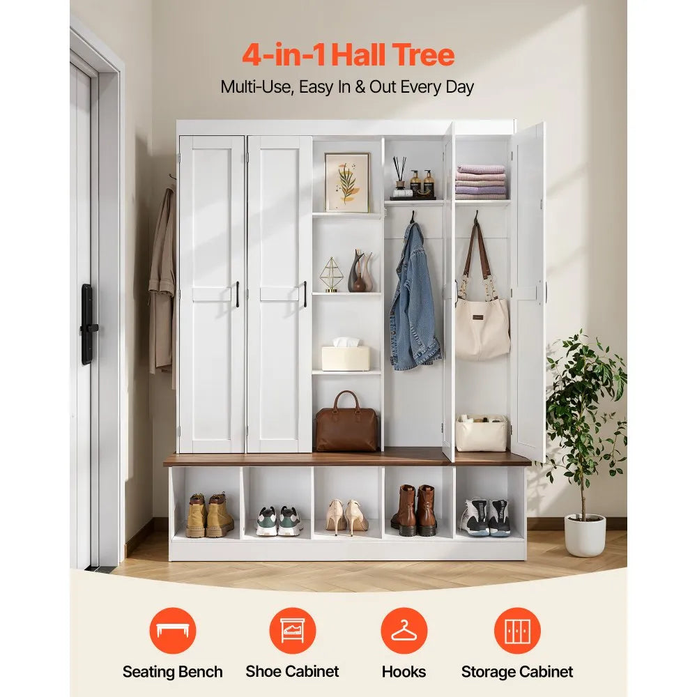 Hall Tree with Bench and Shoe Storage | 63" Wide 4-in-1 Entryway Hall Tree | White