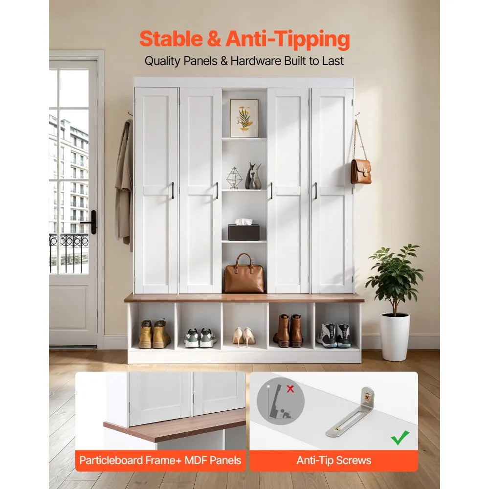 Hall Tree with Bench and Shoe Storage | 63" Wide 4-in-1 Entryway Hall Tree | White