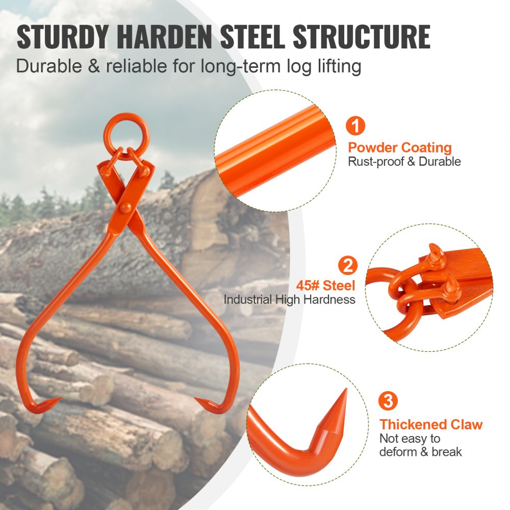 VEVOR Log Skidding Tongs, 32 inch 2 Claw Log Lifting Tongs, Heavy Duty Steel Lumber Skidding Tongs, 1543 lbs/700 kg Loading Capacity, Log Lifting, Handling, Dragging & Carrying Tool
