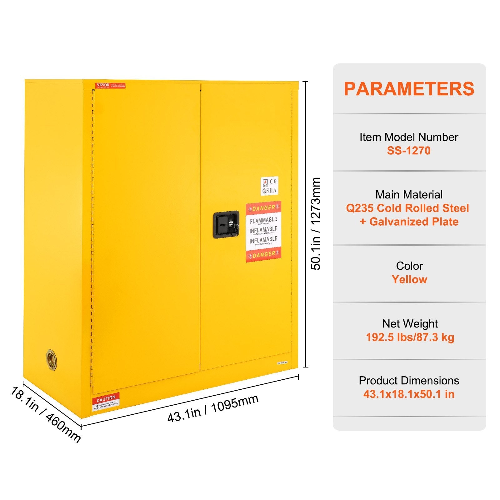 VEVOR Flammable Safety Cabinet, 30 Gal, Cold-Rolled Steel Flammable Liquid Storage Cabinet, 43.1x18.1x50.1 in Explosion Proof with 1 Adjustable Shelf 2 Manual Closing Doors for Industrial Use, Yellow