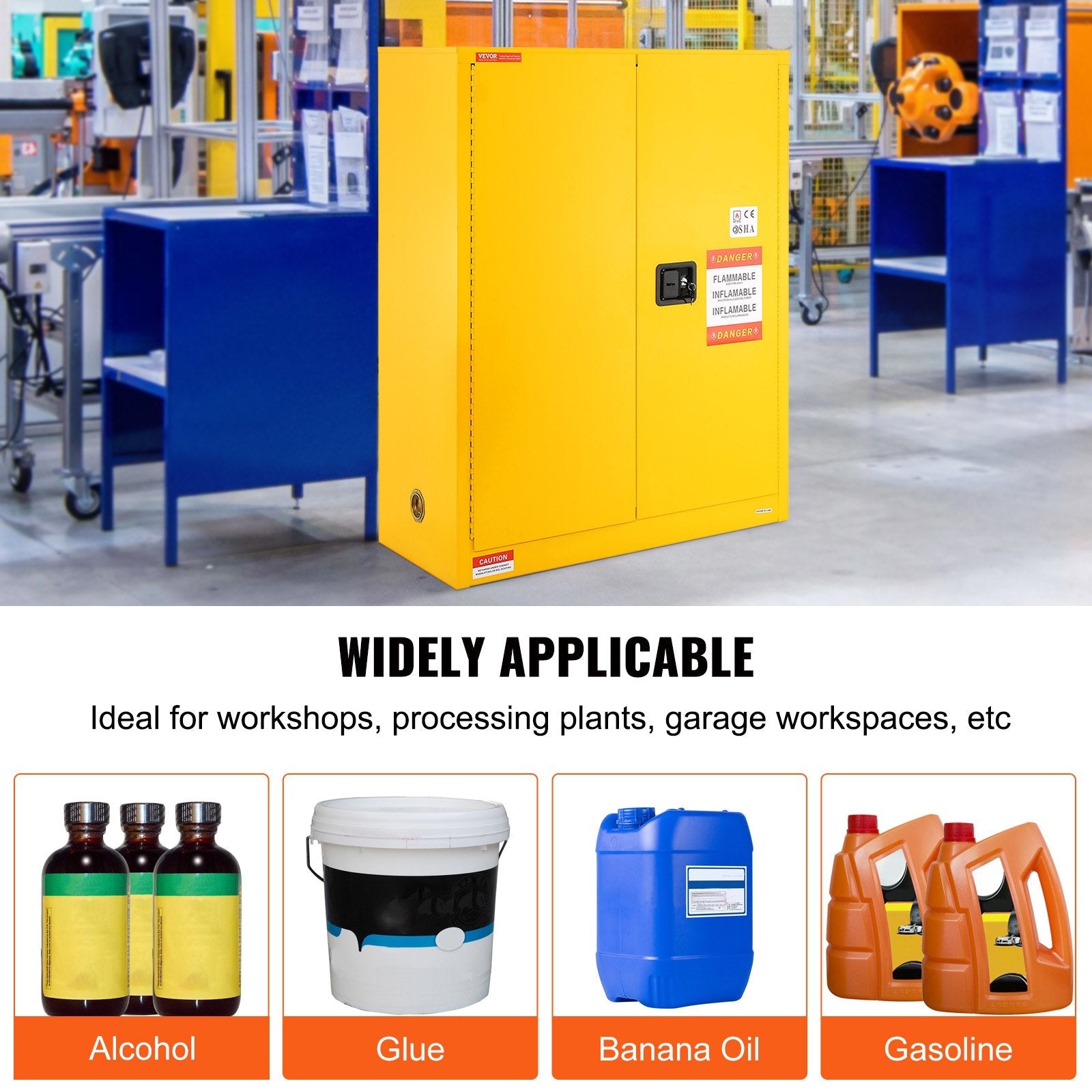 VEVOR Flammable Safety Cabinet, 30 Gal, Cold-Rolled Steel Flammable Liquid Storage Cabinet, 43.1x18.1x50.1 in Explosion Proof with 1 Adjustable Shelf 2 Manual Closing Doors for Industrial Use, Yellow