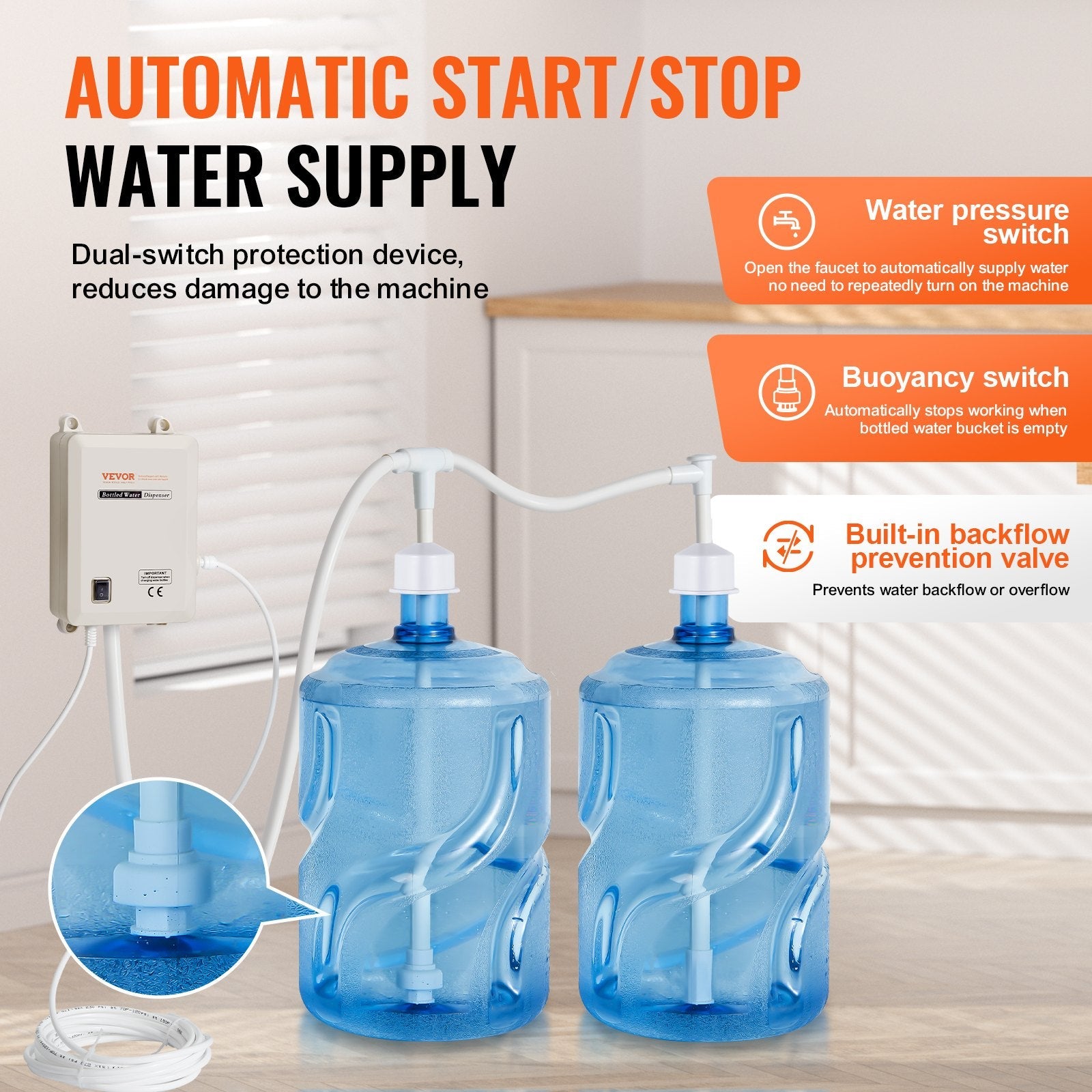 VEVOR Bottled Water Dispensing System 20 ft Water Dispensing Pump System with US Plug 115V AC Perfect for 5 Gallon Bottle (Dual Inlet) Bottled Water Dispensing System 20 ft with with US Plug 115V AC P
