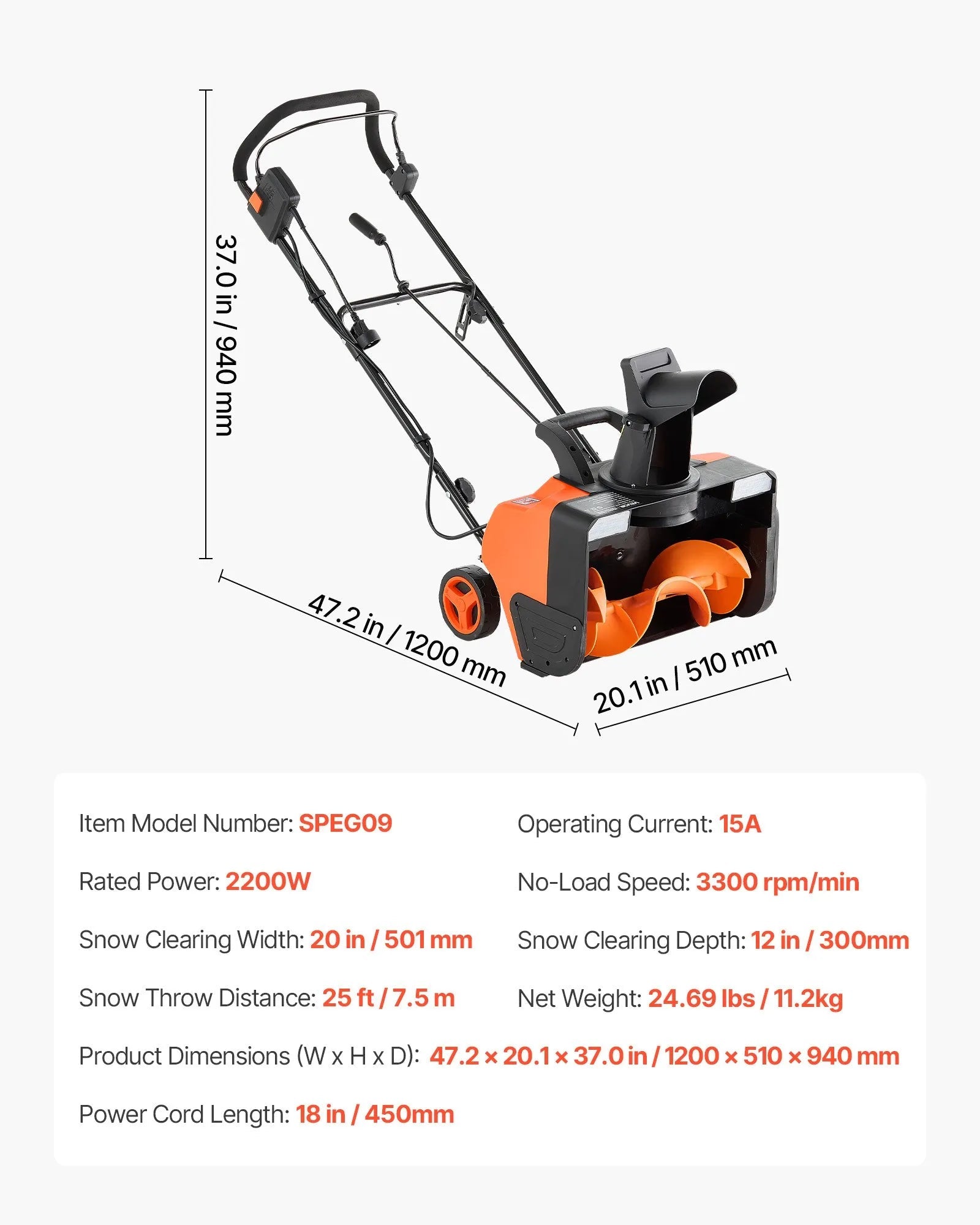 VEVOR Electric Snow Blower, 20 inch 15A Corded Snow Thrower with Dual LED Headlights & 180° Rotating Chute, 25FT Throwing Distance, 12" Depth Clearing, Walk-Behind Snowblower for Driveway Sidewalk