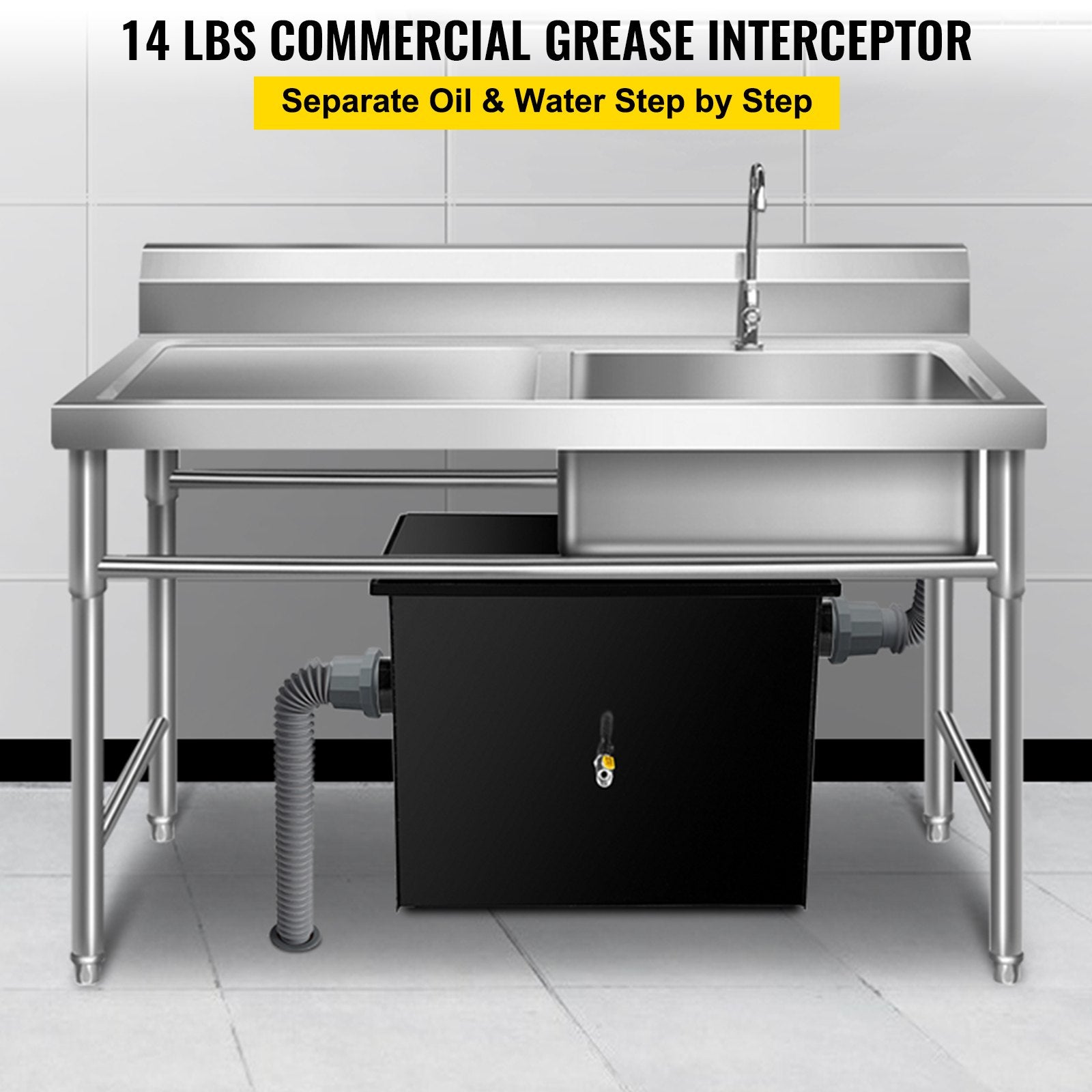 VEVOR Commercial Grease Interceptor 7 GPM Commercial Grease Trap 14 LB Grease Interceptor Carbon Steel Grease Trap with Side Water Inlet Under Sink Grease Trap for Restaurant Factory Home Kitchen