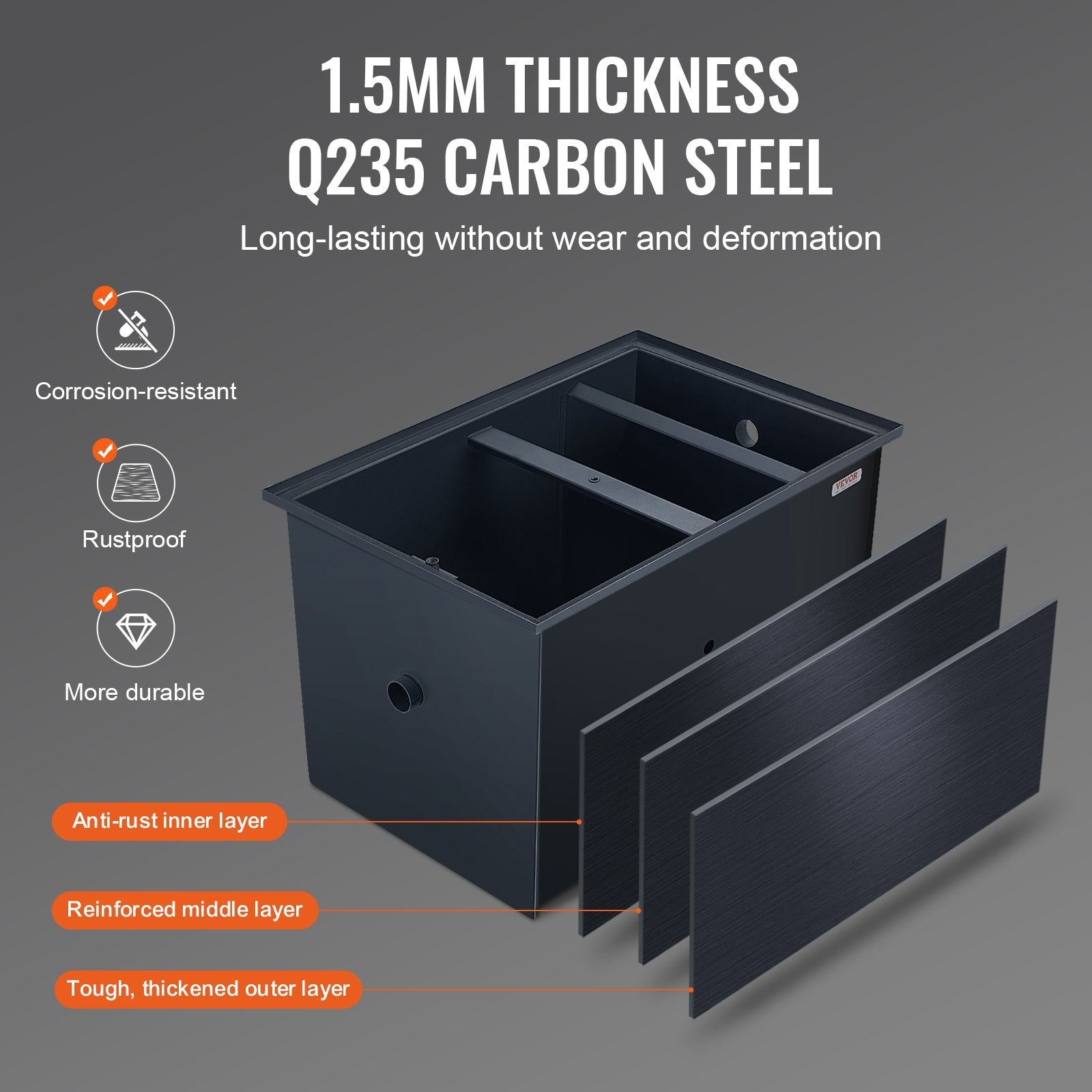 VEVOR Commercial Grease Trap, 50 LBS Grease Interceptor, Side Inlet Interceptor, Under Sink Carbon Steel Grease Trap, 19.3 GPM Waste Water Oil-water Separator, for Restaurant Canteen Home Kitchen