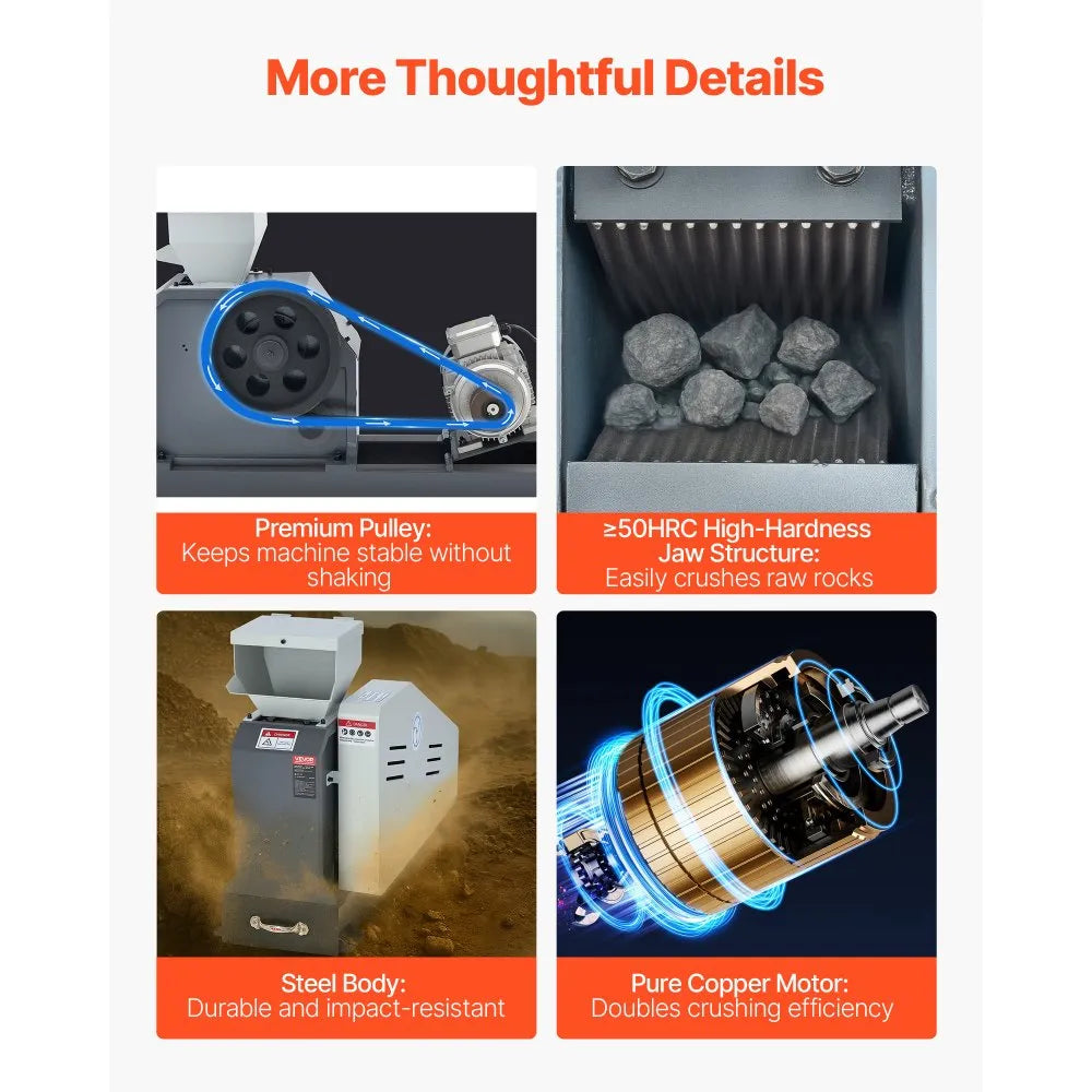 VEVOR Jaw Crusher Machine, 4KW High Power Rock Stone Crush Machine, 7.87 x 9.65 inch Feeding Port, 1740 RPM Speed Stone Shatter Grinder, Electric Stone Shatter 220V, for Rock Coal Glass Bottle