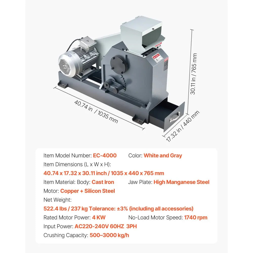 VEVOR Jaw Crusher Machine, 4KW High Power Rock Stone Crush Machine, 7.87 x 9.65 inch Feeding Port, 1740 RPM Speed Stone Shatter Grinder, Electric Stone Shatter 220V, for Rock Coal Glass Bottle