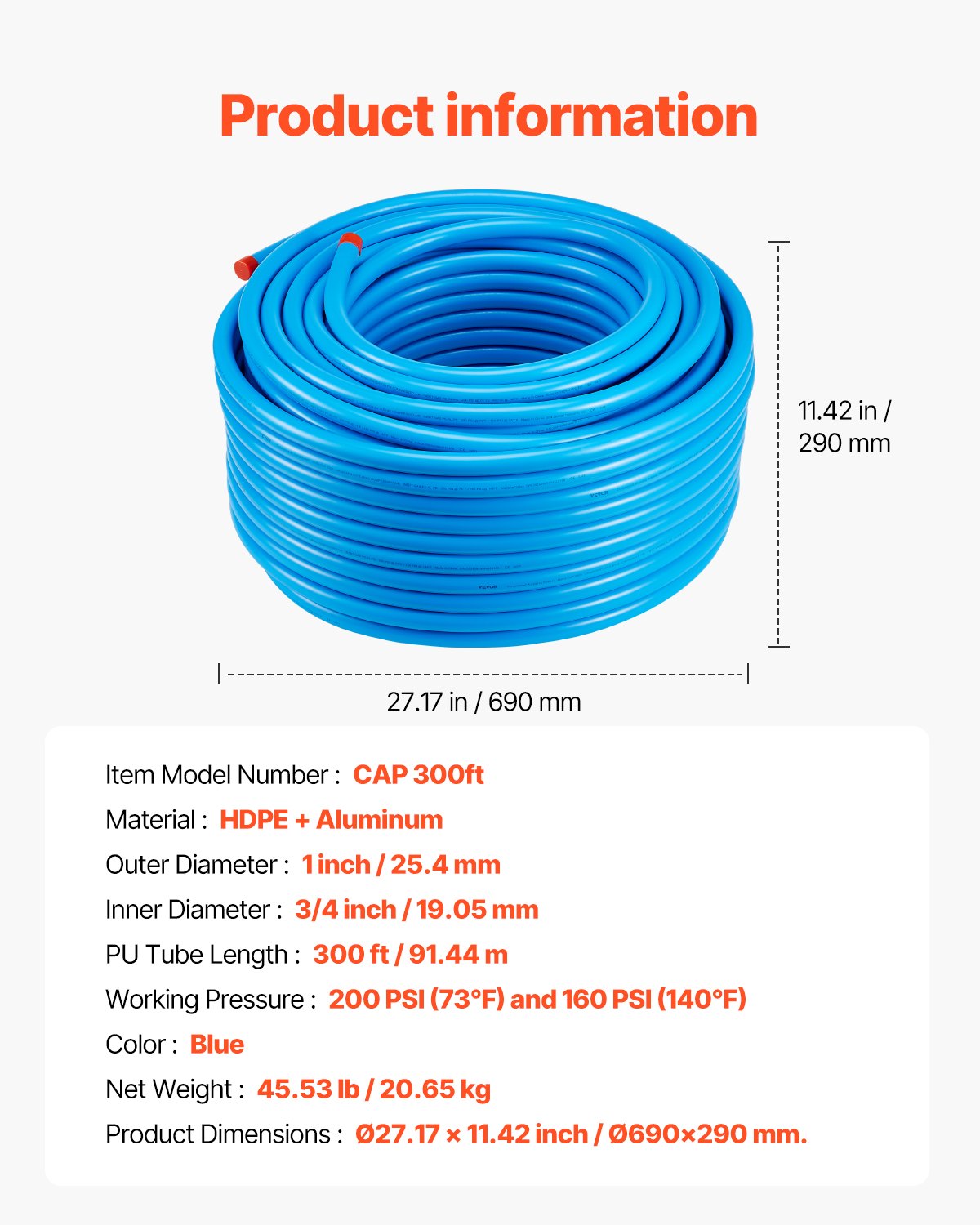 VEVOR Air Compressor Line Kit 3/4'' x 300FT HDPE/Aluminum Air Piping System Blue