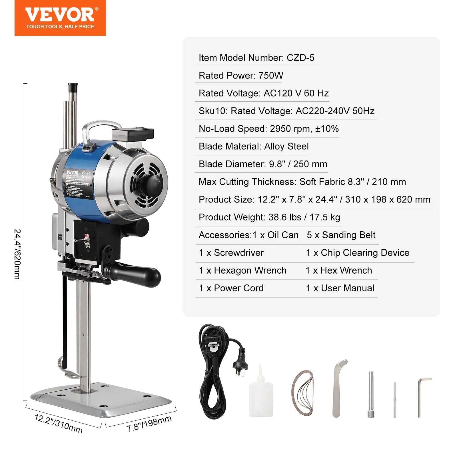 VEVOR Fabric Cutter, 750W High-Speed Straight Knife Cloth Cutting Machine, 9.8" Alloy Steel Blade, Industrial Fabric Cutting Machine with Automatic Knife Sharpen, for Multilayer Fabric Leather Cloth