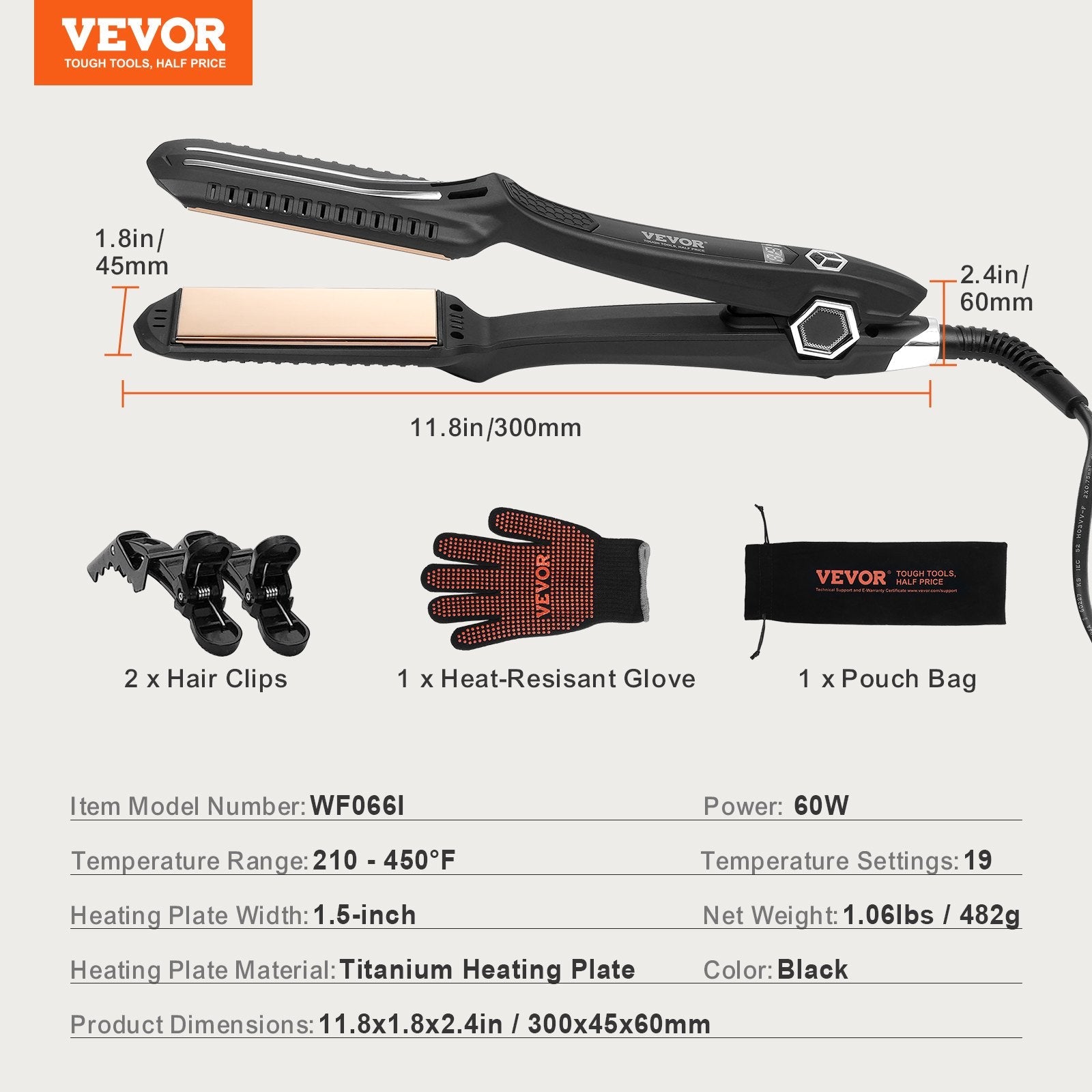VEVOR Hair Straightener, 1.5-inch Titanium Flat Iron, Dual Infrared Hair Straightener Flat Iron with LCD Display and 19 Temp Levels - 210°F to 450°F, Dual Voltage 110V/240V for Salon Home Travel Use